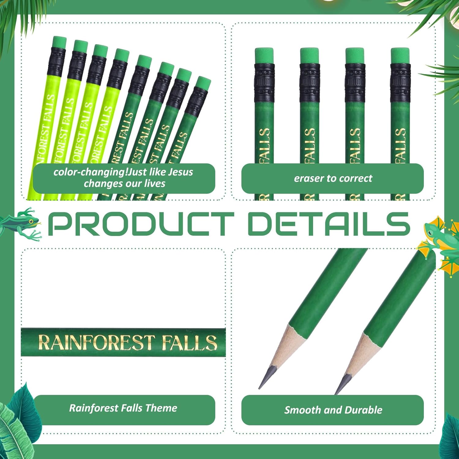 AmazingSpark 100 Pcs 2026 VBS Color-changing Pencils Rainforest Falls Pencils Favors Bulk 7.5 Inch Green Color-changing VBS Pencil Gift for Sunday School Party Favor Develop Belief and Value