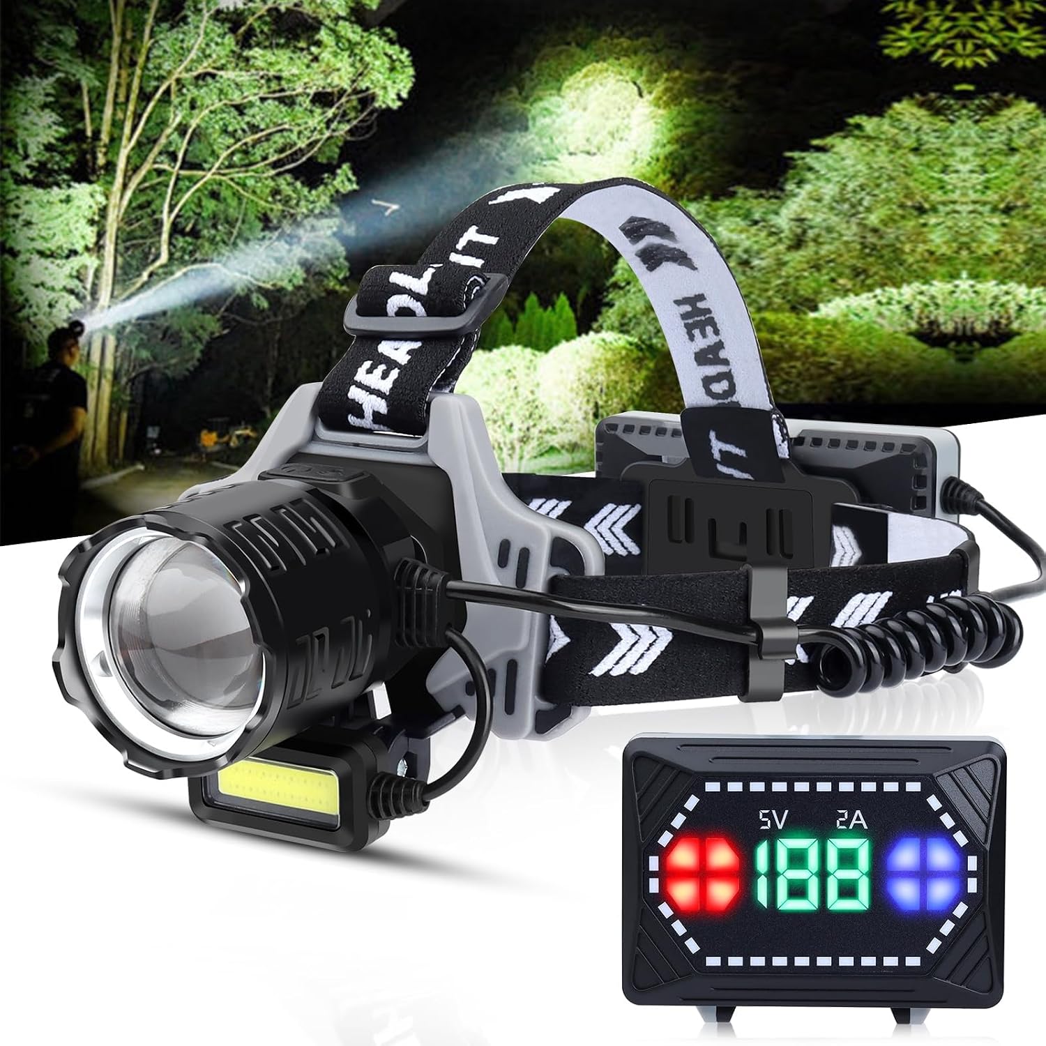 Rechargeable LED Headlamp, 2000 Lumens Super Bright Headlamp Flashlight with Motion Sensor, 15 Modes, 135°Adjustable, IPX7 Waterproof Head Lamp for Camping, Running, Climbing, Hiking