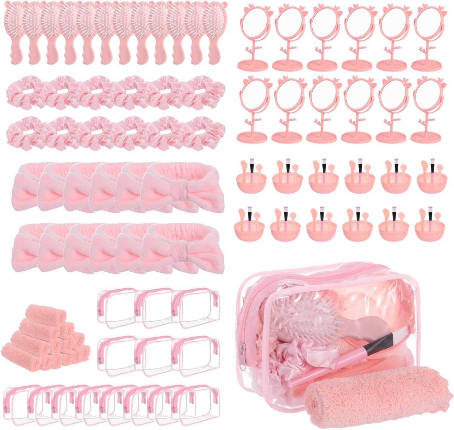 12 Sets Spa Party Favors Supplies Bulk, Pink Cartoon Design, Hair Brush, Makeup Brushes, Bowls, Headbands, Hair Ties, Towels, Desktop Mirrors for Spa Sleepover Birthday Party