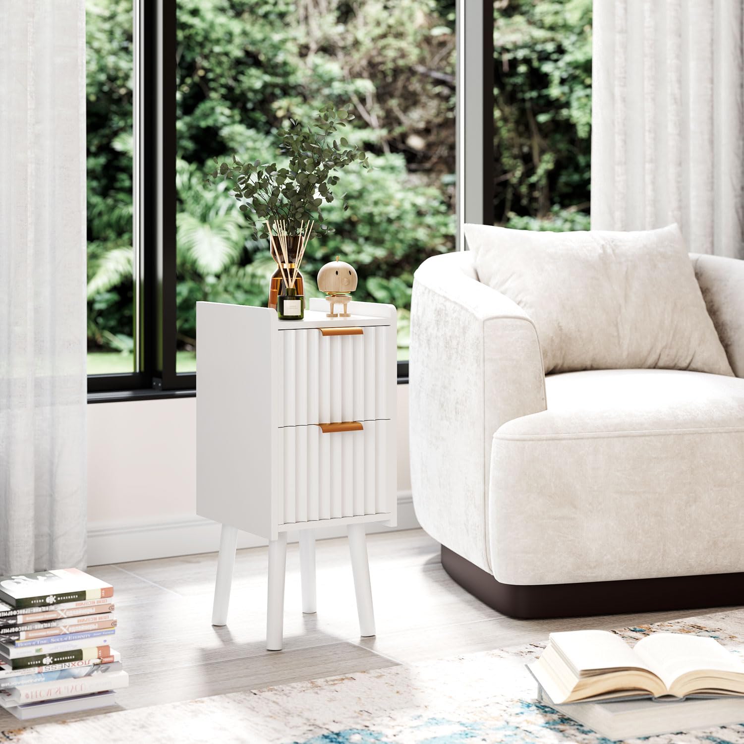 IBUYKE Mesita de Noche Estrecha, mesita pequeña con 2 cajones, Ahorra Espacio, mesitas de Madera para Dormitorio y Sala de Estar, Blanco WNS015W