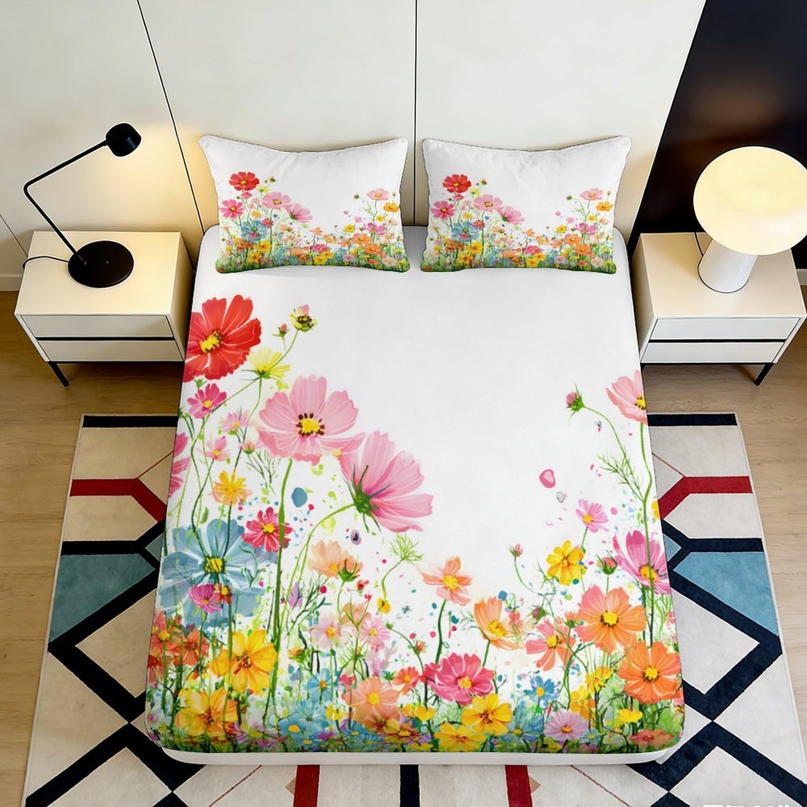 3D Printed Wildflower Bloom Fitted Sheet Microfiber Soft Colorful Botanical Meadow Bed Cover for Bedroom Guest Room Decor 200x200x25cm