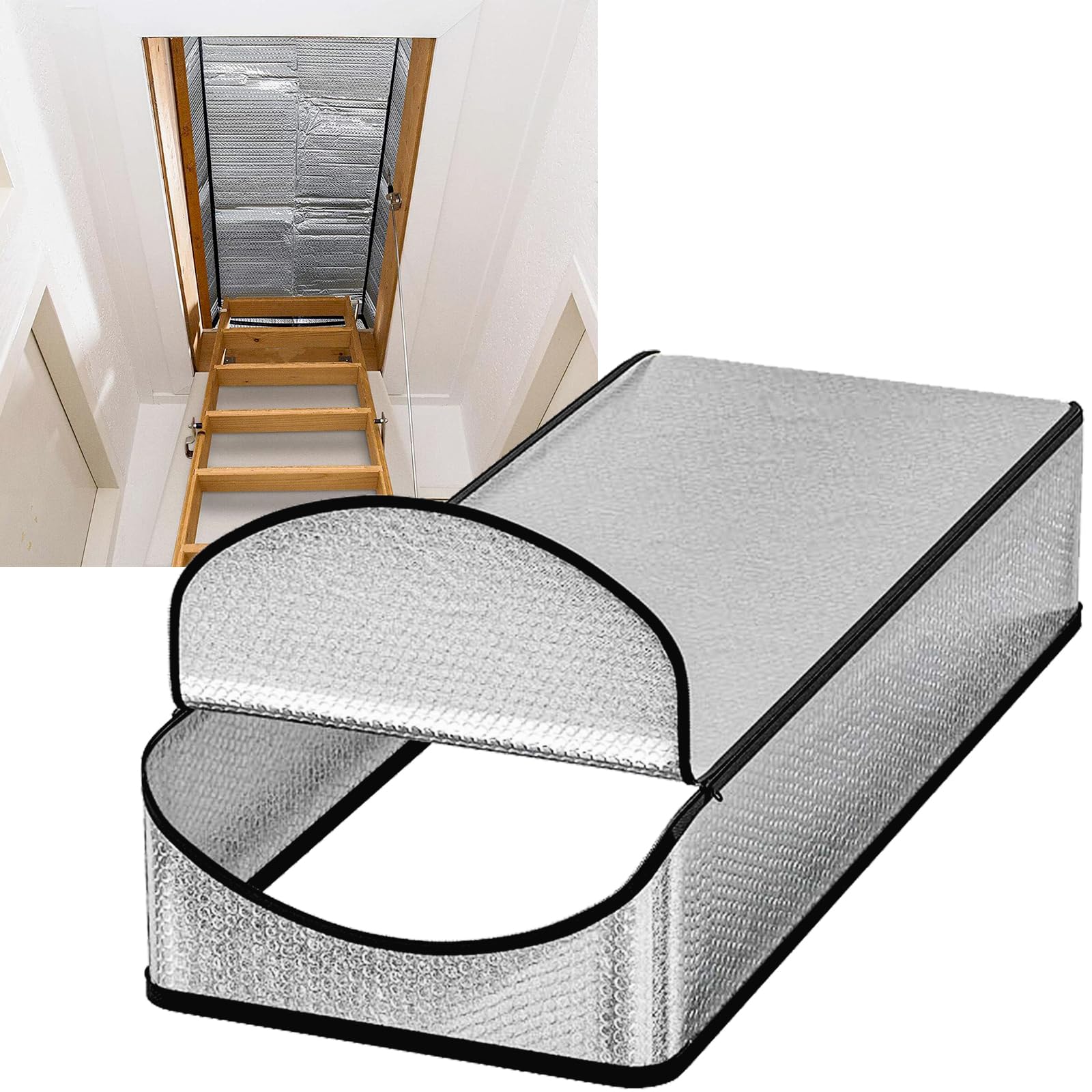 Prefdo Attic Stairs Insulation Cover, 25"x54"x11" Attic Door Insulation Cover with Easy Access Zipper, Double Bubble Reflective Radiant Barrier, All-Year Energy Saving Attic Tent