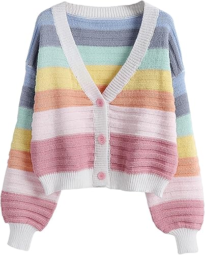 SweatyRocks Cárdigan de punto con cuello en V y bloque de color, botones en el frente, para mujer