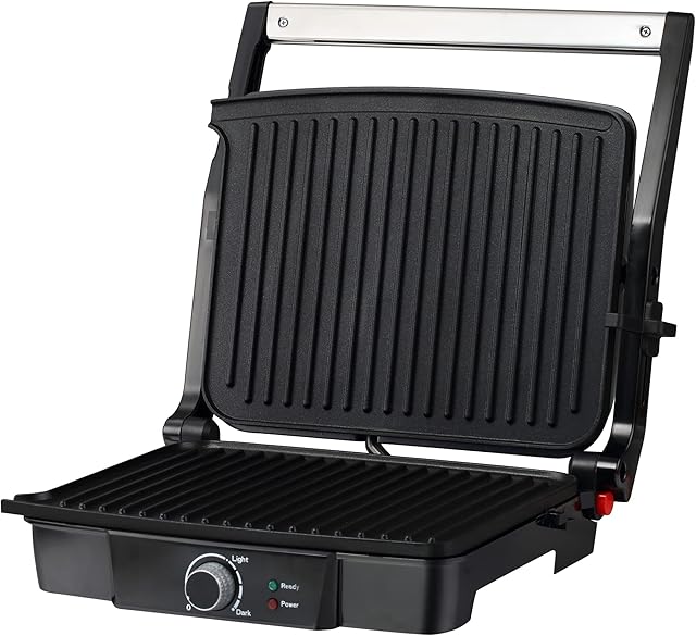 HOMCOM Health Grill & Panini Press, 4 Slice Toastie Machine, 2000W Electric Non-stick Grill with 180° Flat Open, Drip Tray and Adjustable Temperature, Sandwich Toaster Maker