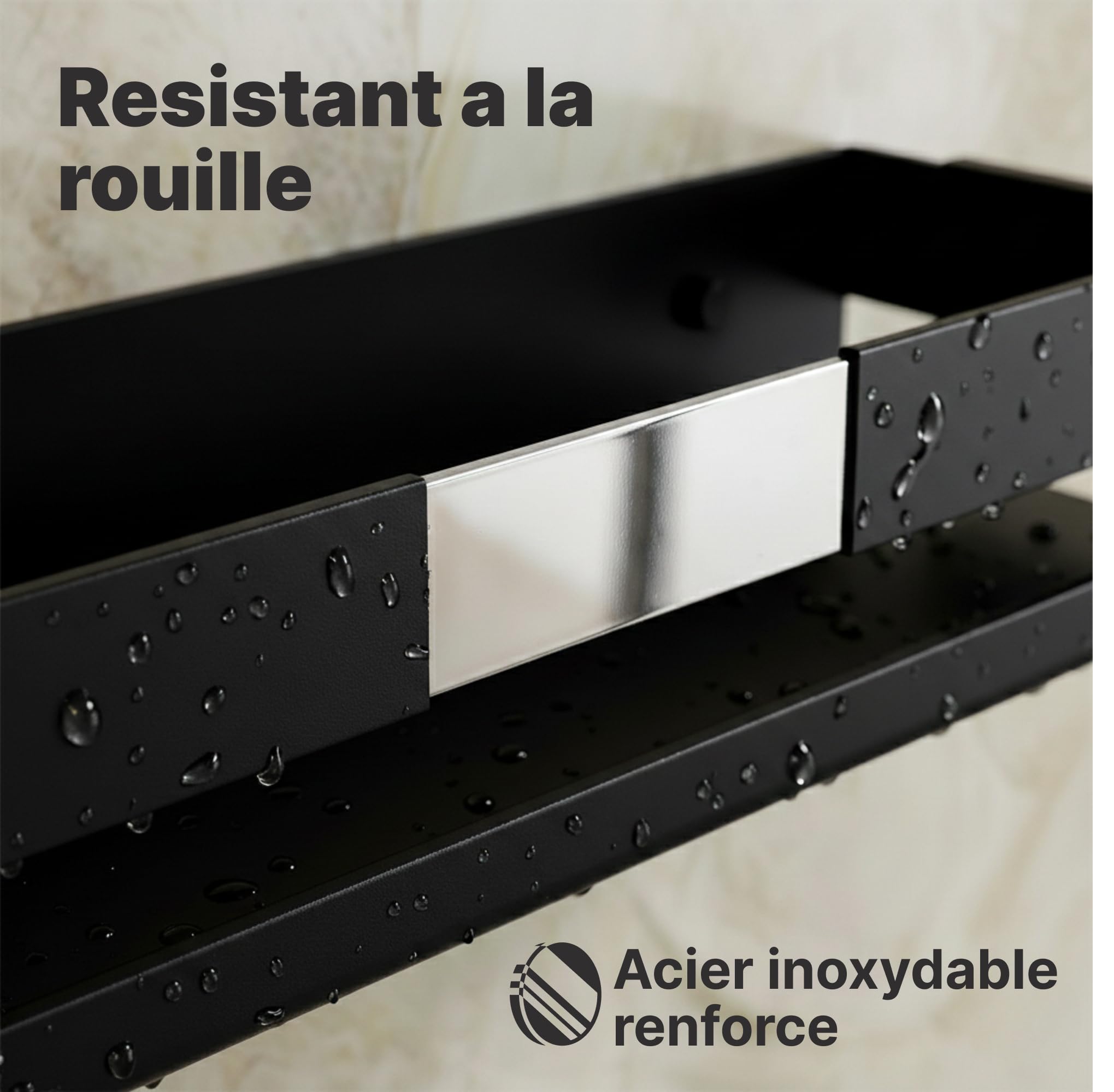 Minismus etagere douche sans percage, avec crochets mobiles et barre de securite, pour accessoires de salle de bain, adhesif ou a visser, etagere salle de bain durable, porte savon douche étagère