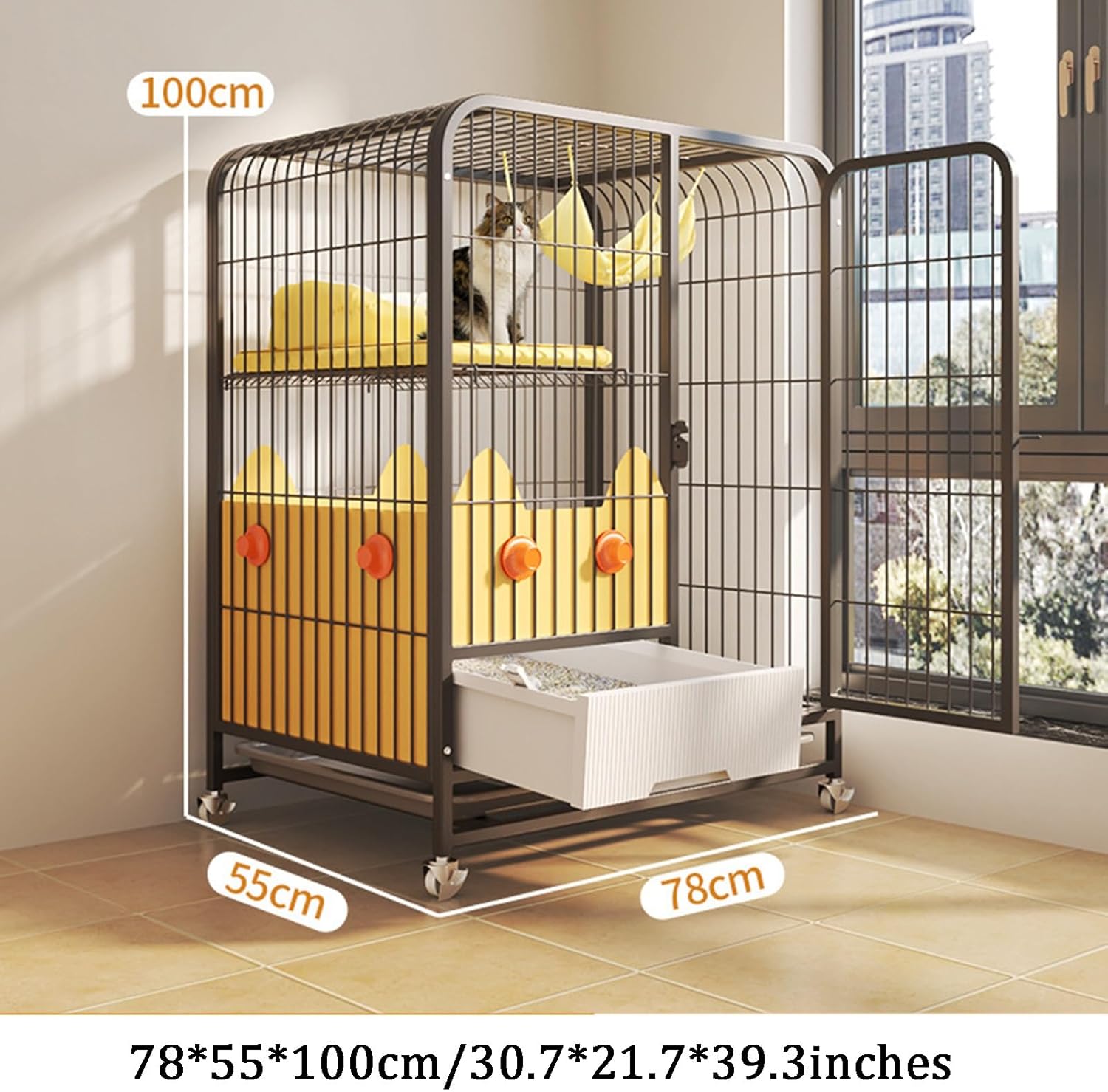 2/3 - Tier Cat Cages Indoor With Litter Box, Heavy Duty Metal Mesh Cat Enclosure, Indoor/Outdoor Cat House Pets Playpen with 4-locking Wheel Casters, Easy To Assemble and Clean, Black(78*55*100CM)