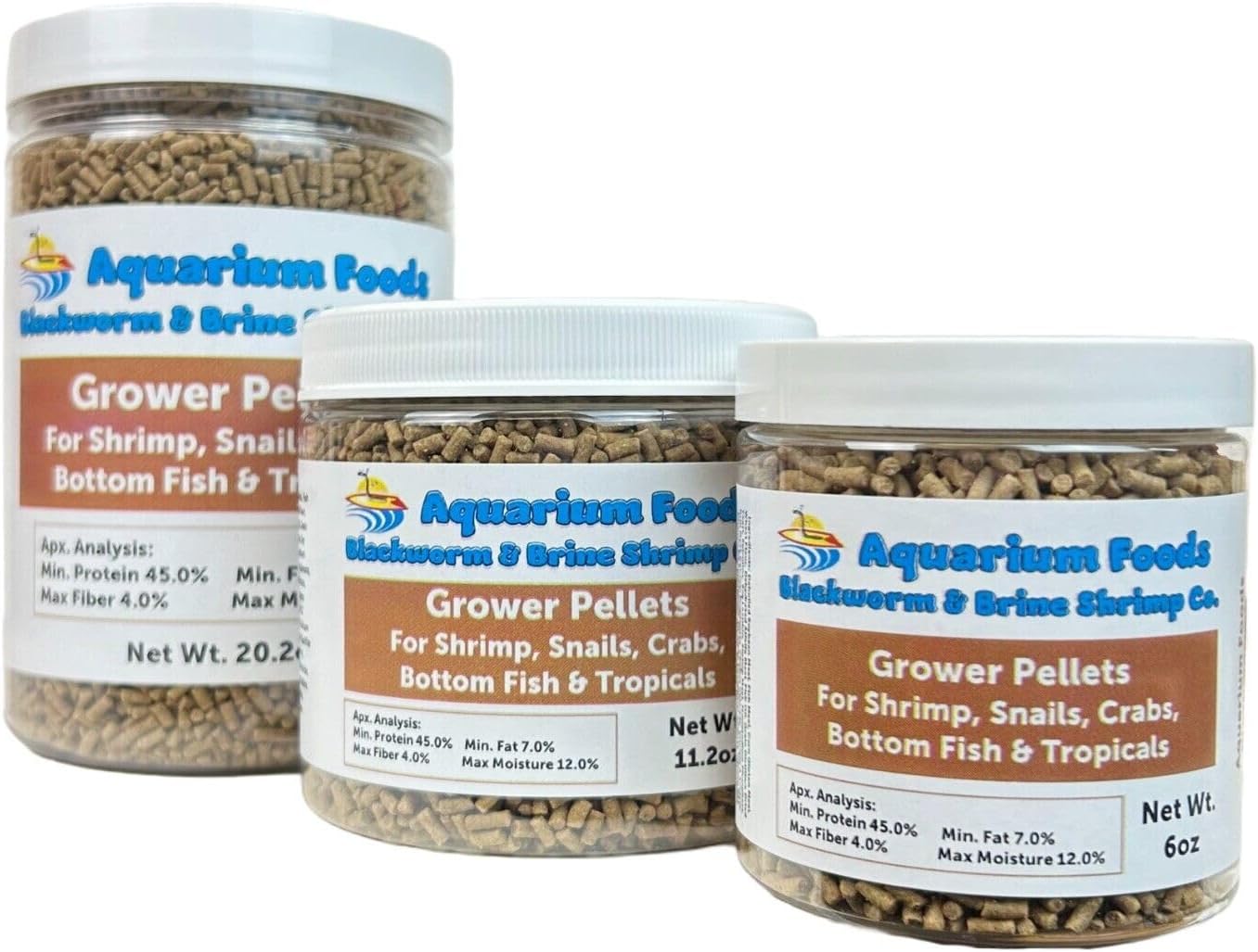 Aquatic Foods Inc. Shrimp Grower Pellets, 45% Protein Sinking 3/32" x 1/4" for Shrimp, Snails, Crabs, Axolotls, Newts, Catfish, Plecos, All Bottom Tropical Fish…20.2oz Large Round Jar