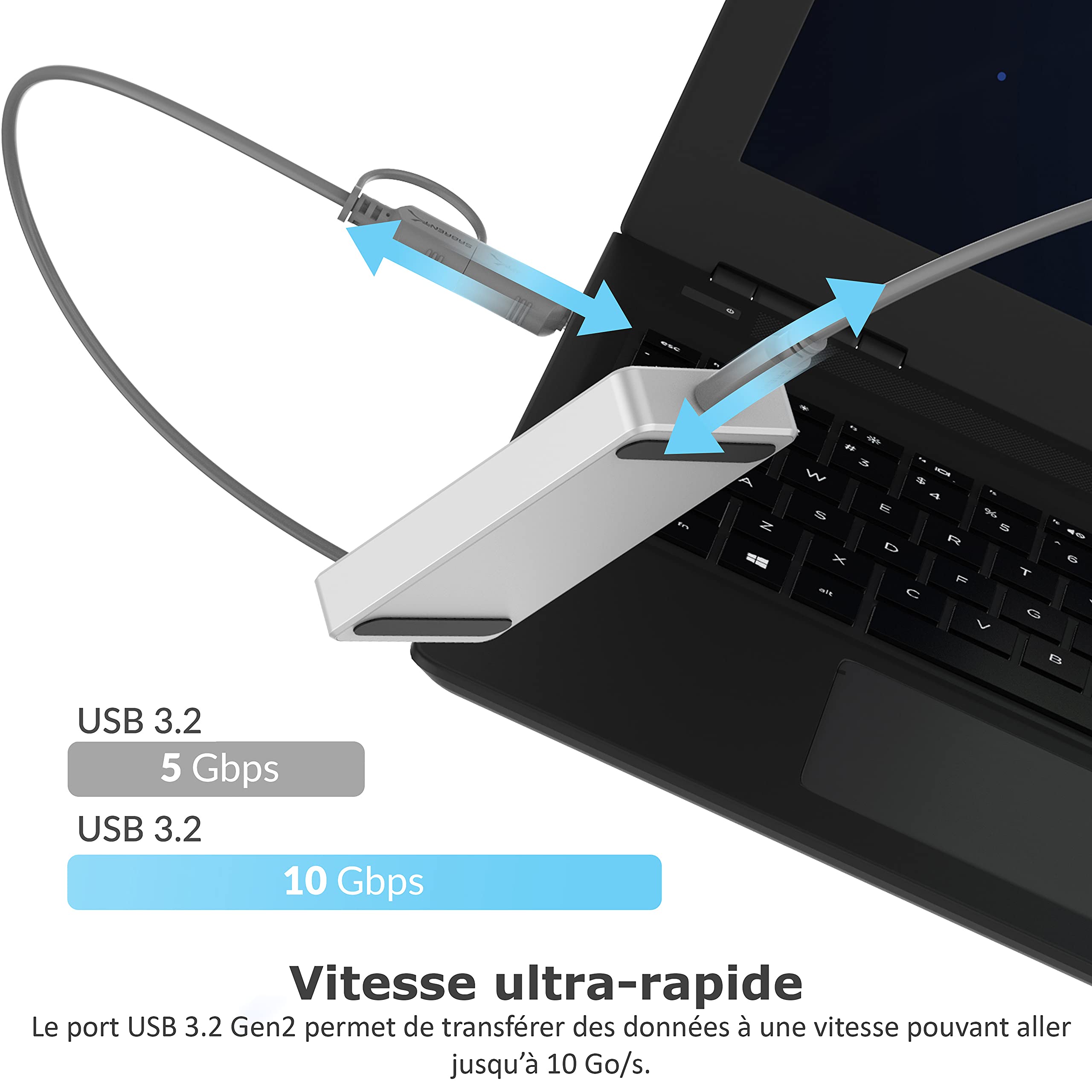 SSD Externe Sabrent 512 Go NVMe - USB 3.2 Gen 2 - Vitesse 1000 Mo/s - Coque Aluminium - Câble USB-C Inclus