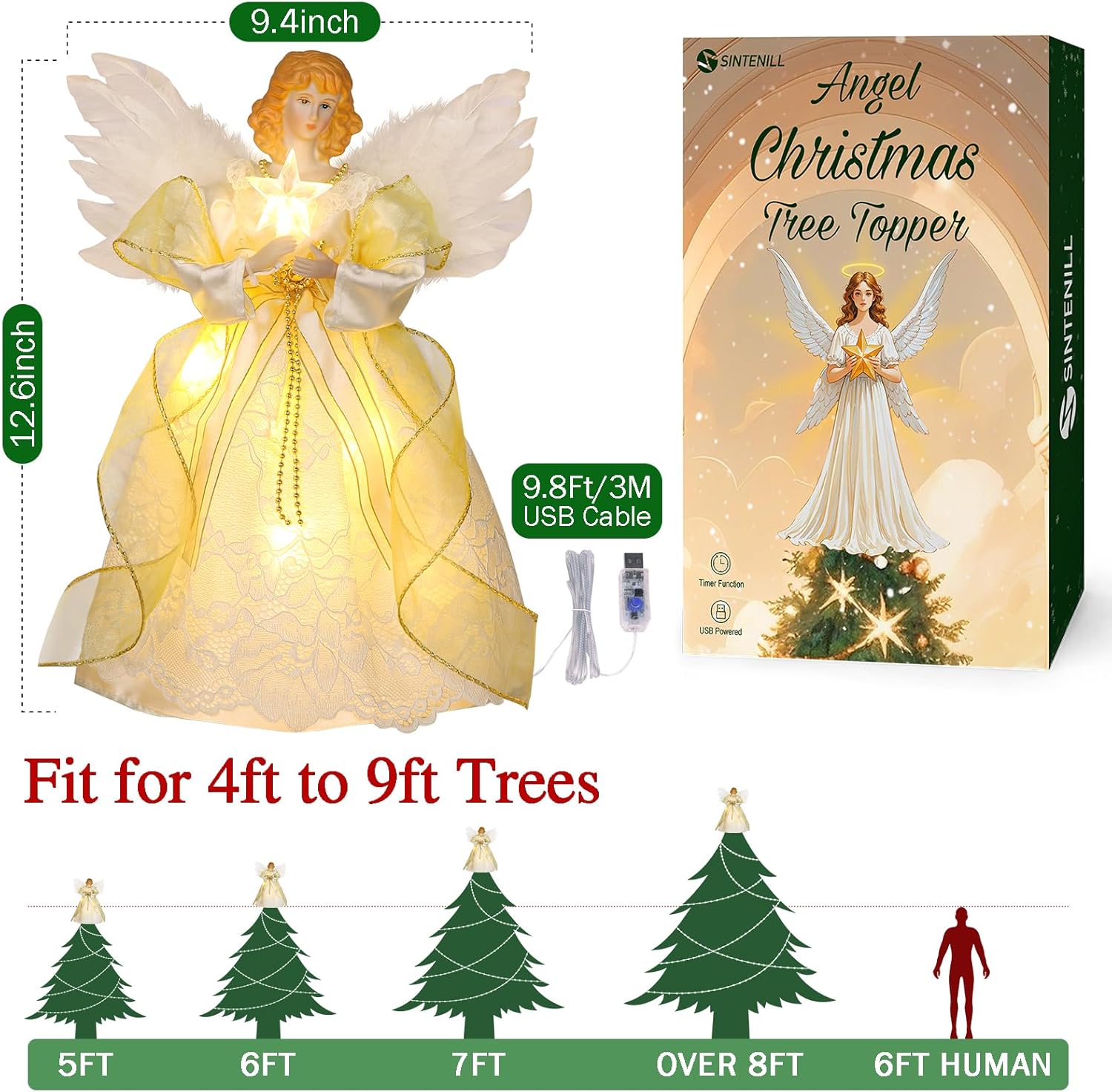 12.5" Angel Christmas Tree Topper with Lights, Lighted Angel Tree Topper with White Feather Wings and Star Light, Remote Control, Timer & USB Powered for Indoor Holiday Tree Decoration - Image 5