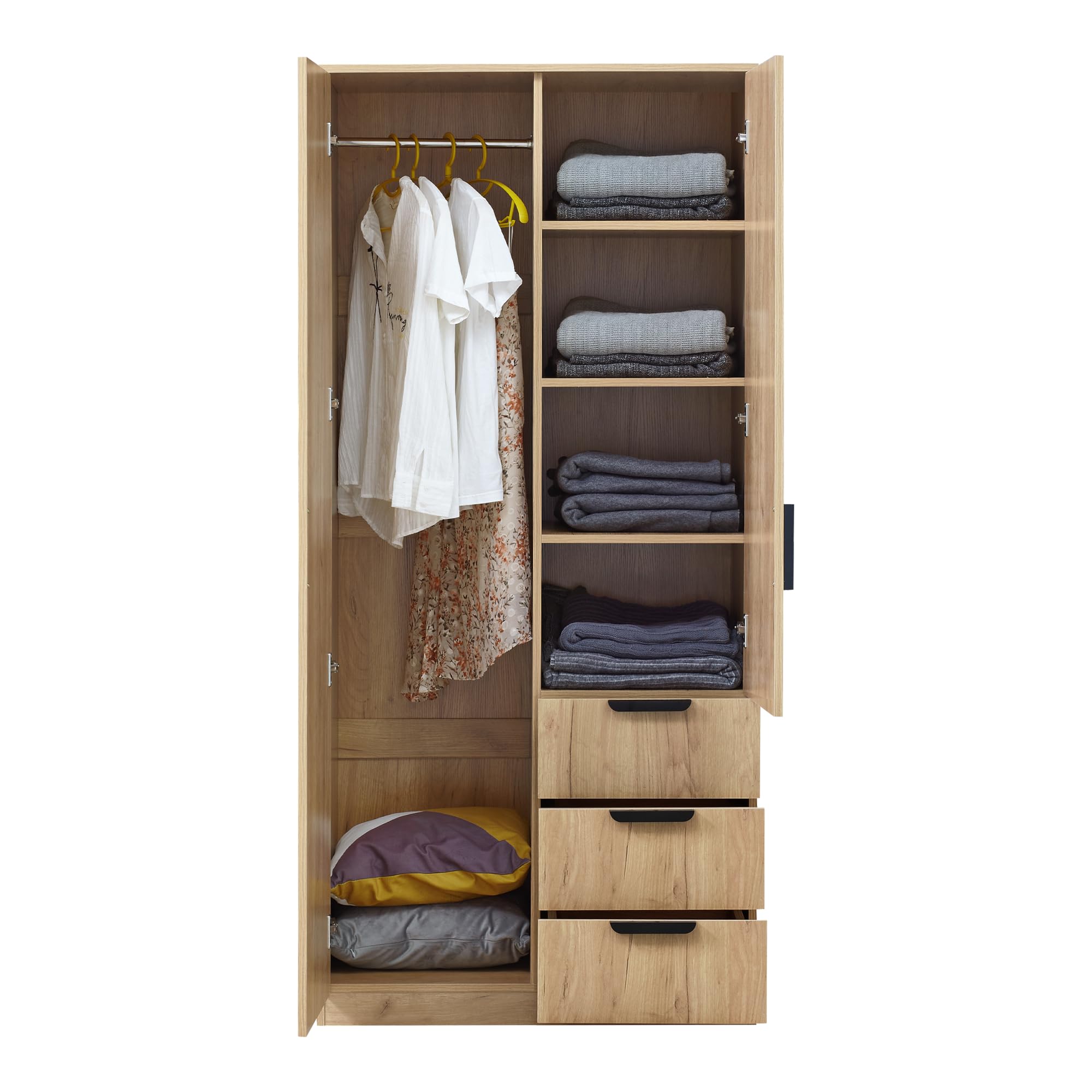 [en.casa] Armario Dormitorio Eiselfing Armario Ropero Clóset con 2 Puertas 1 Perchero 4 Compartimentos 3 Cajones para Dormitorio Vestidor MDF 176 x 80 x 52 cm - Efecto Roble