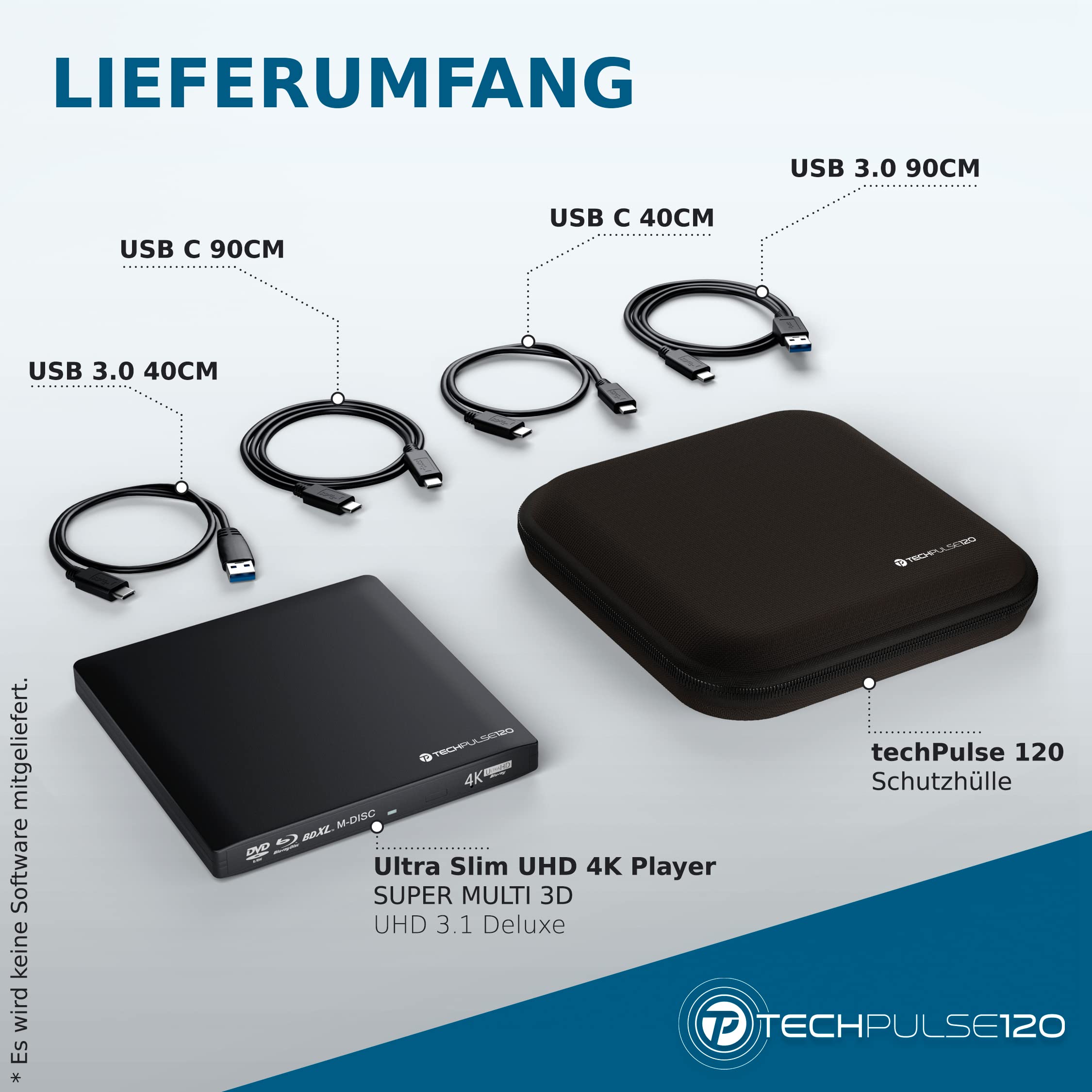 techPulse120 Externes USB 3.1 USB-C UHD 4k 3D M-DISC Blu-ray DVD CD BDXL HDR10 128GB Laufwerk Brenner Burner Superdrive BD Imperator Paket Tasche 90cm Anschlusskabel Aluminium Schwarz