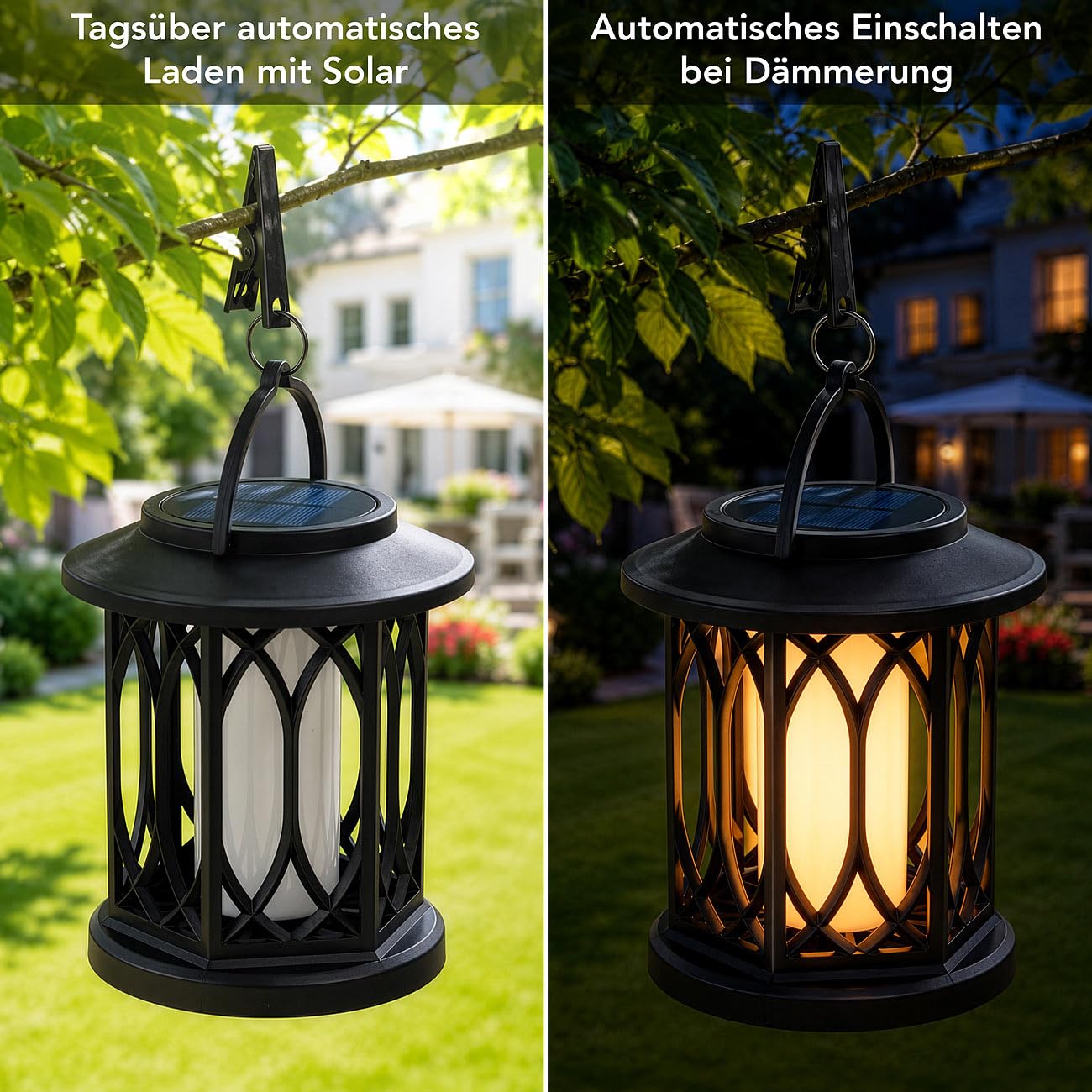 Lunartec LED-Solar-Laternen: 4er-Set Solar-Gartenlaternen mit Flammeneffekt-LEDs, Lichtsensor, Akku (Laterne Outdoor, Gartenlicht kabellos)