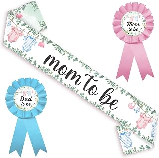 Greenery Baby Shower Decorations Greenery Mom To Be Sash With Pink Blue Corsage Pins for Clothes Gender Reveal Celebration Botanical Theme Neutral Gender Reveal Sash For Expectant Parents