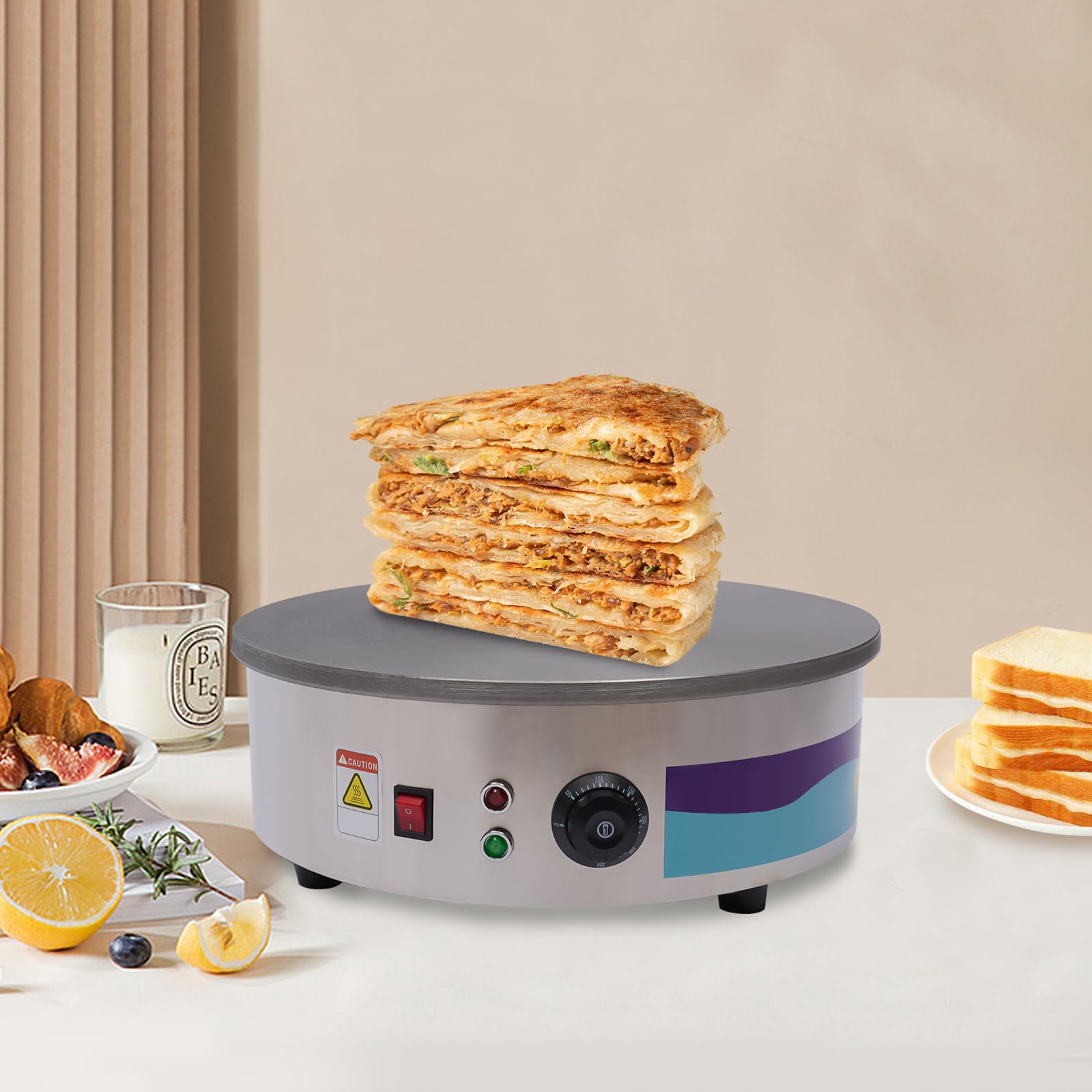 Crepera Electrica 3000W Máquina para Hacer Crepes 45x16cm 50-300℃ Control de Temperatura Crepes Maker con Pies Antideslizantes 1 Esparcidor 1 Espátula para Escuelas, Restaurantes