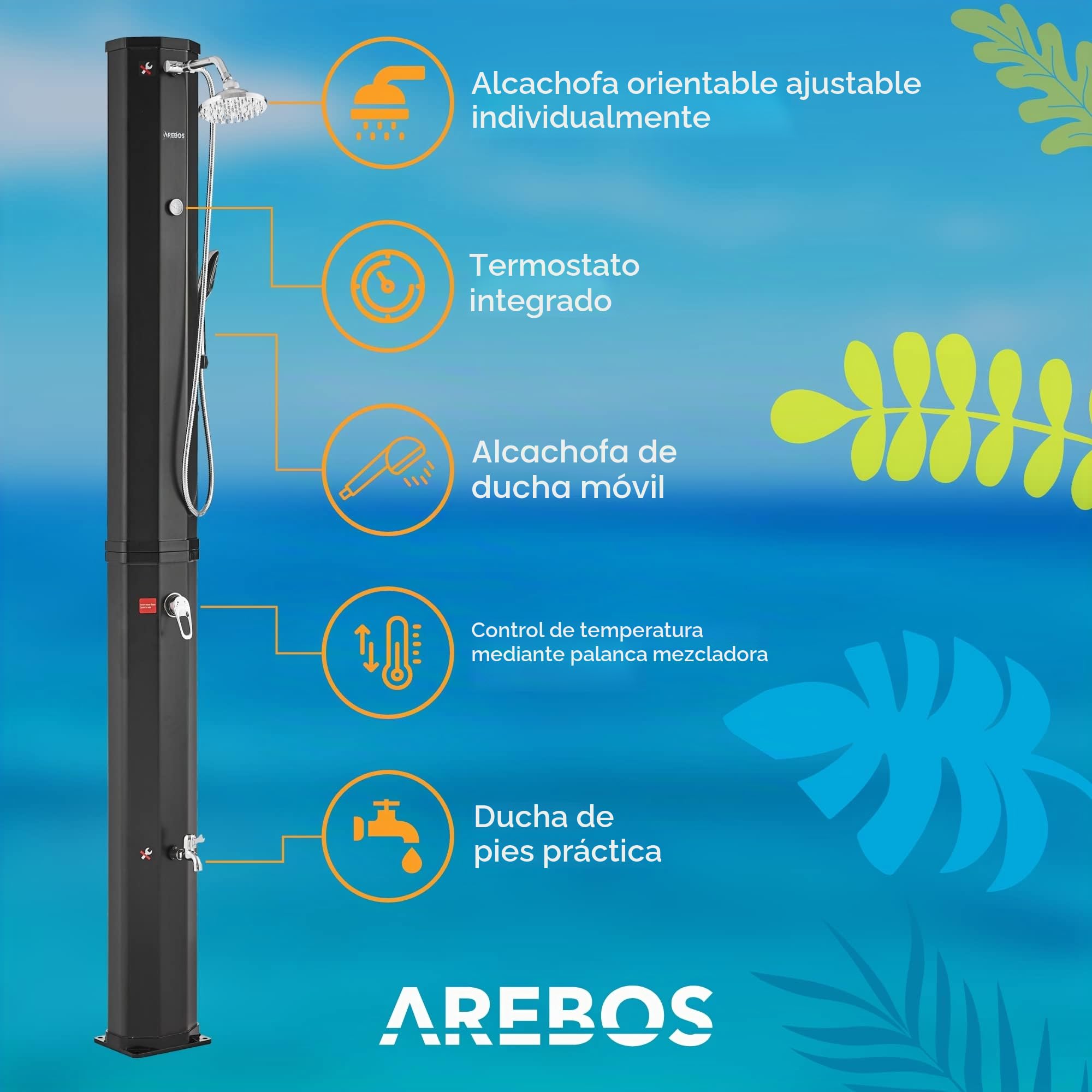 Arebos Ducha solar de 60 L, con ducha de mano y termómetro, temperatura del agua hasta 60 °C, ducha de piscina para camping, cabezal de ducha redondo, tecnología Snap-in, incluye cubierta, color negro