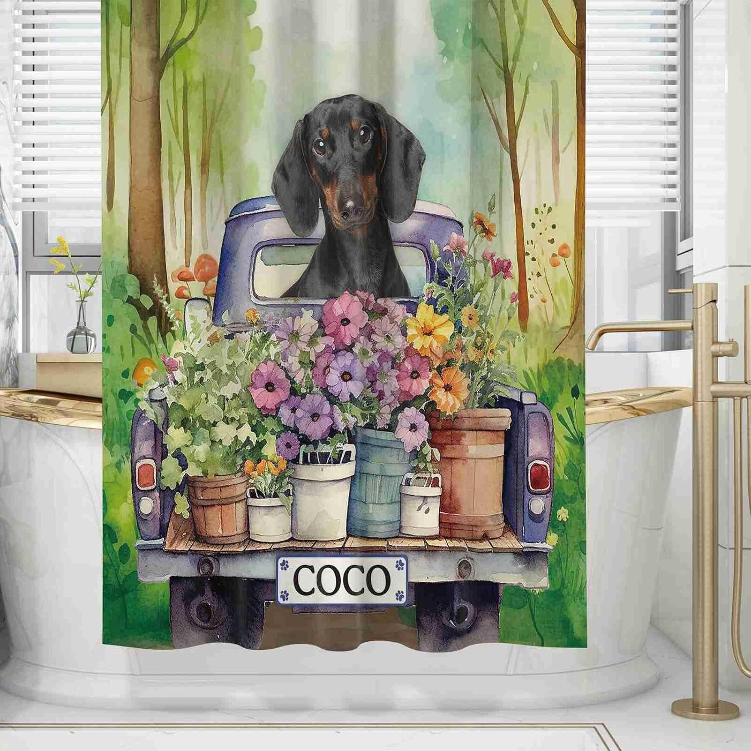 Custom German Shepherd Dog Flowers Spring Summer Shower Curtain Funny Dog Drive a Truck in Forest Bath Curtain Bathroom Home Decor 72x72 Inch