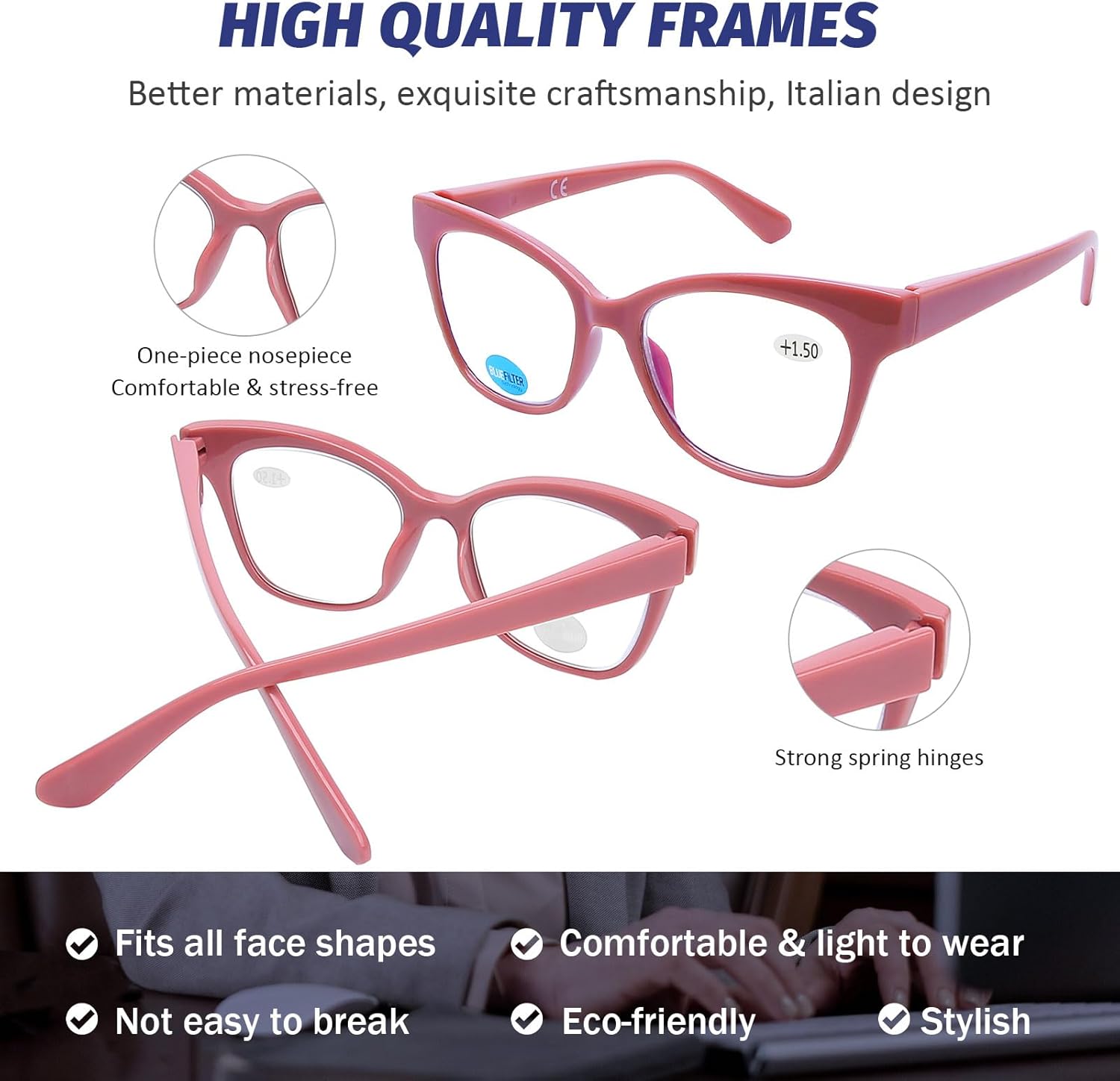 DOOViC 4-Pack Reading Glasses Blue Light Blocking Computer Readers Anti Eyestrain New Classic Style Spring Hinge Glasses for Women 1.25 Strength - Image 3