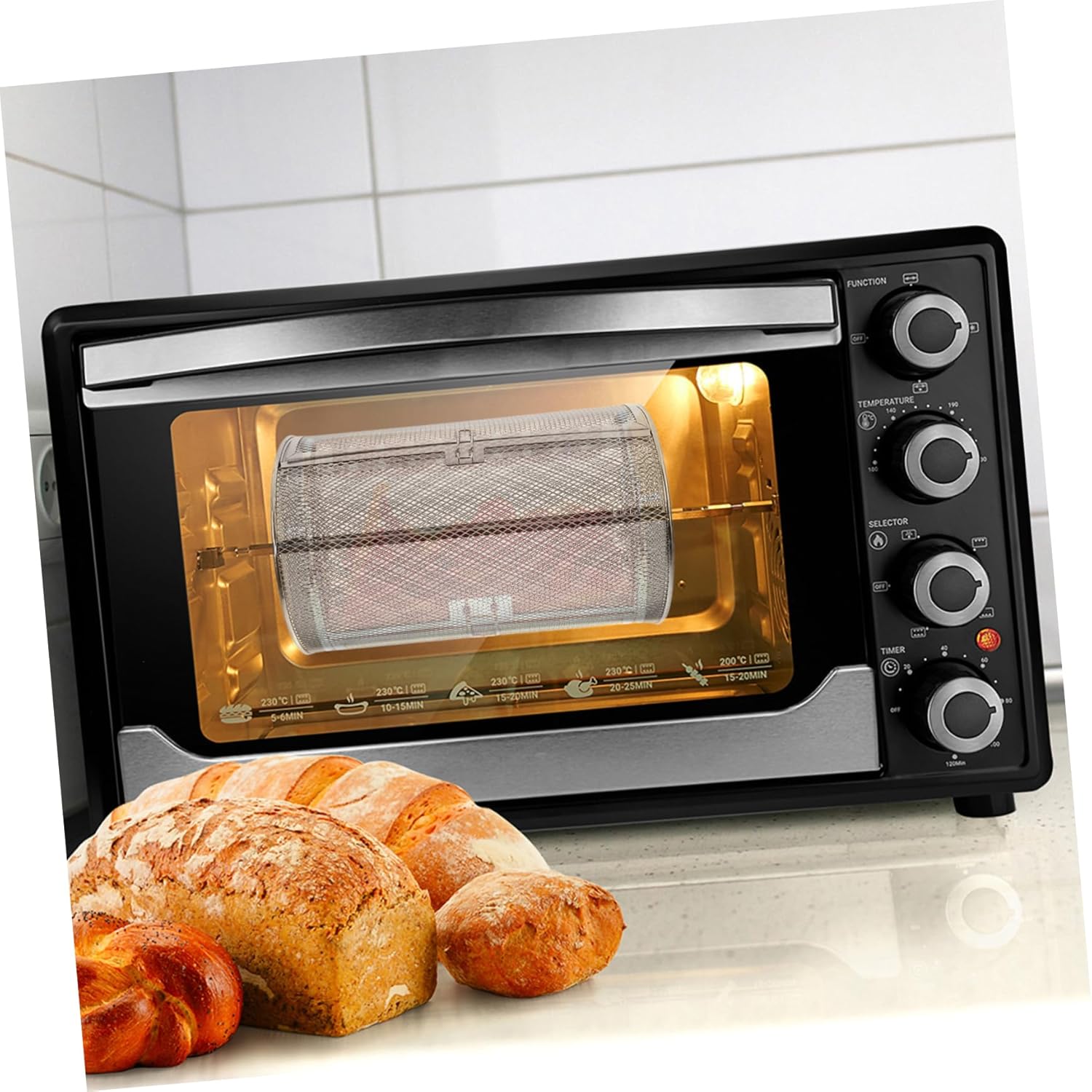 Rotary Grilled Cage for Oven Rotating Stainless Steel Barbecue Basket with Unique Door Design for Even Heating and Access for Nuts and Bbq Dishes