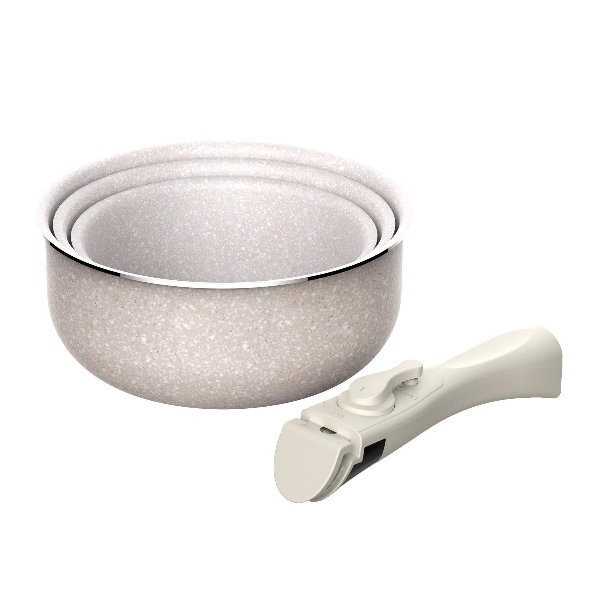 Juego de 3 Cacerolas Ø16Ø18Ø20cm en aluminio prensado con revestimiento ILAG + Mango extraíble Click&Cook, Apto inducción, antiadherentes, sin PFOA, apto lavavajillas y horno