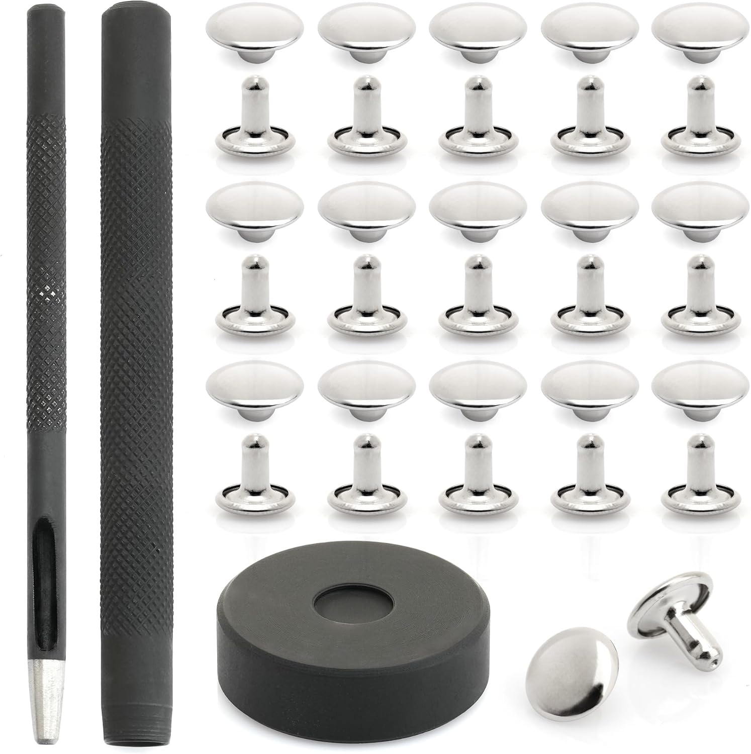 CRAFTMEMORE Rivet Setter for Double Cap Rivet Stud, Rivet Setting Tool Kit, Block Anvil, Hole Cutter & 100 Double Cap Rivets in Silver (7 mm, Tool Kit)