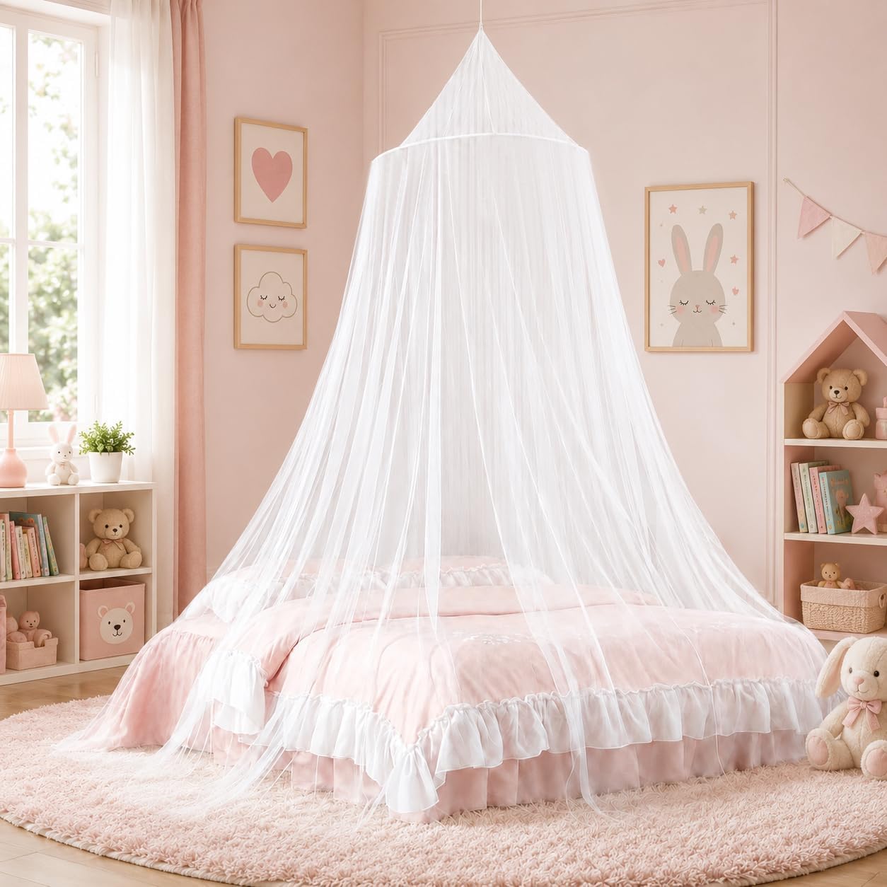 Mosquito Net Bed Canopy for Girls, Princess Canopy Bed Curtains from Ceiling, Kids Reading Nook Tent for Bedroom Decor, Hanging Dome Netting for Twin Full Queen Bed, White