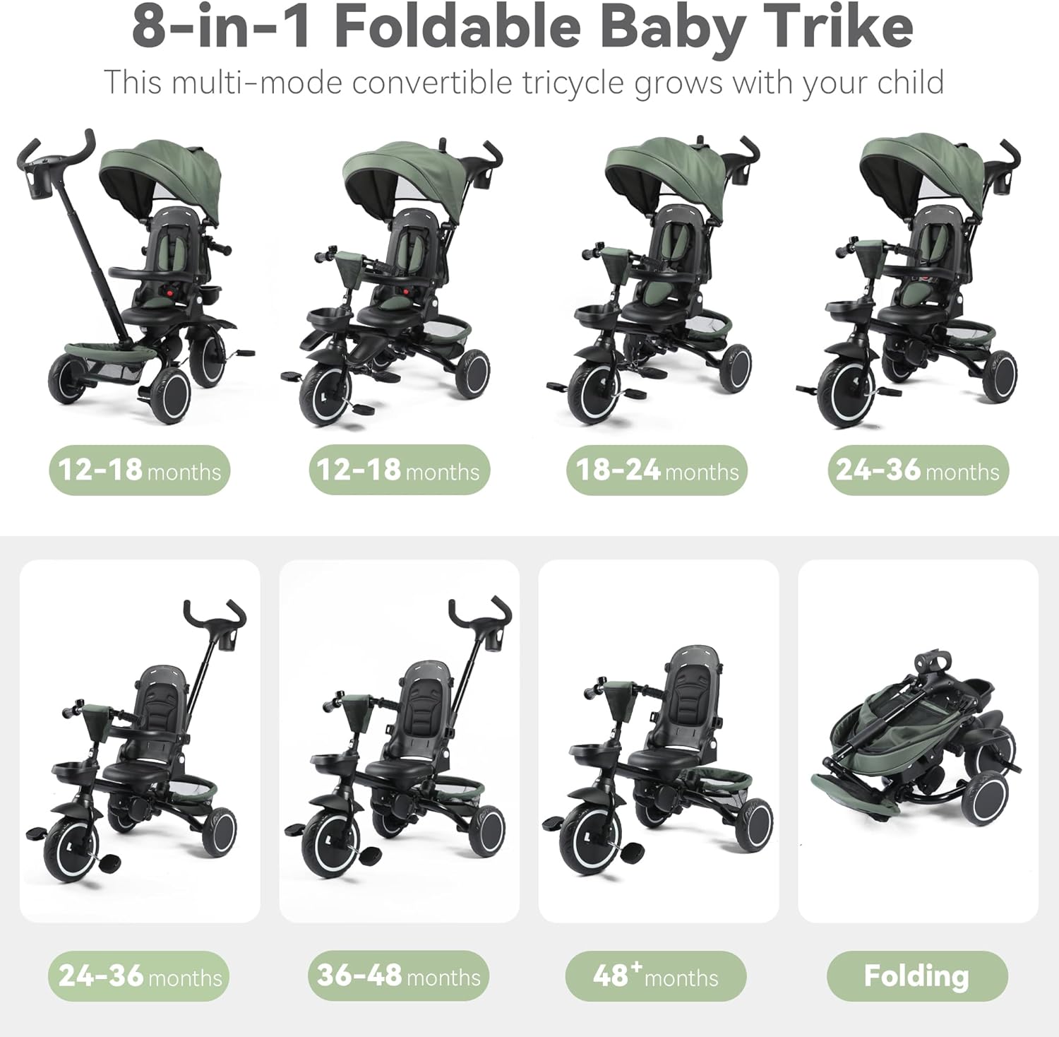 8 in 1 Kids Tricycle, Folding Toddler Tricycle w/Reversible Seat, Adjustable Push Rod & Canopy, Baby Trike Toddler Bike w/Bell, 5-Point Harness, Extra Storage, Cup Holder, Dark Green