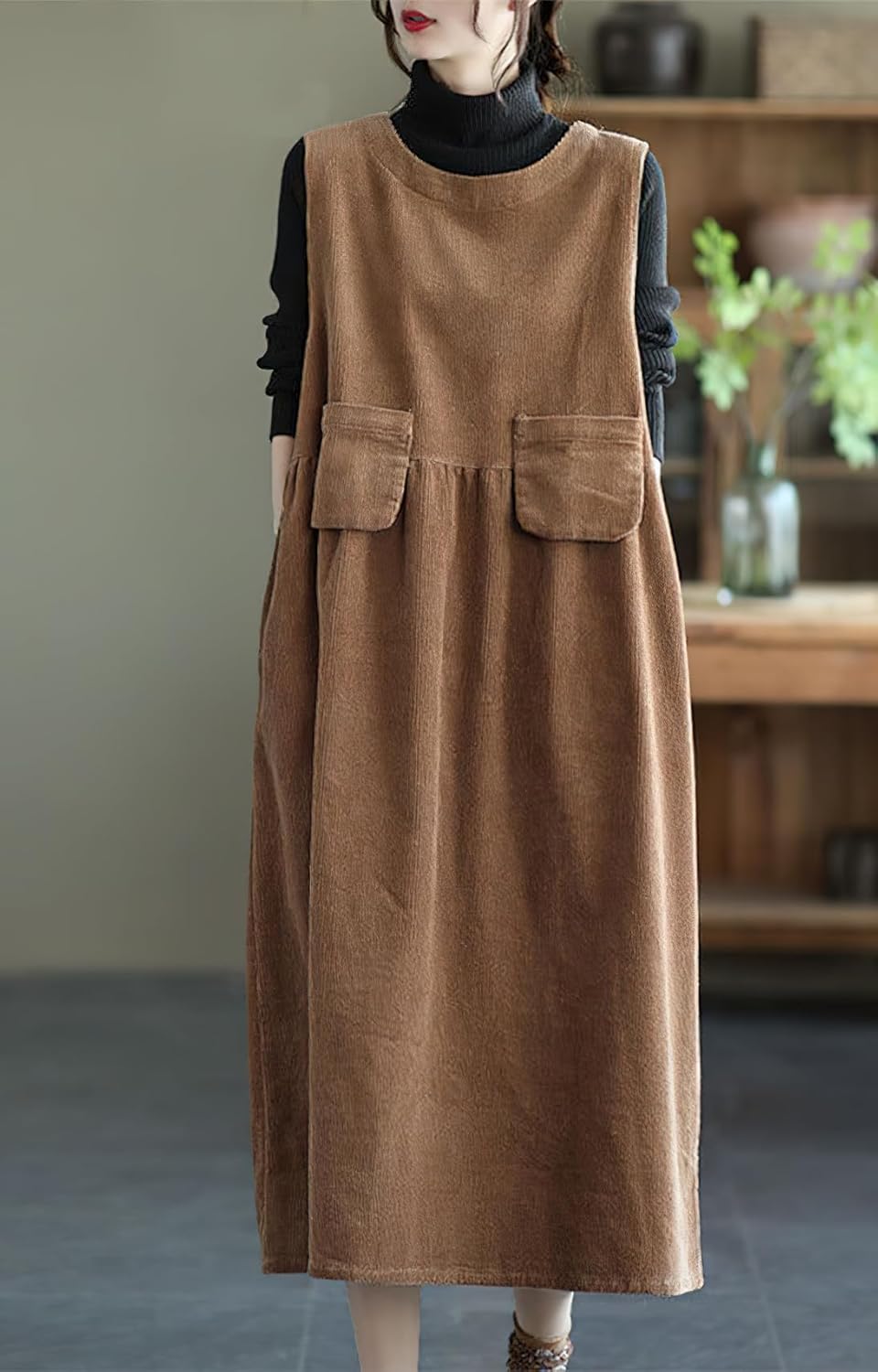 chouyatou Womens Fall Winter Sleeveless Corduroy Overall Dress Jumper Maxi Babydoll Tank Dress with Pocket