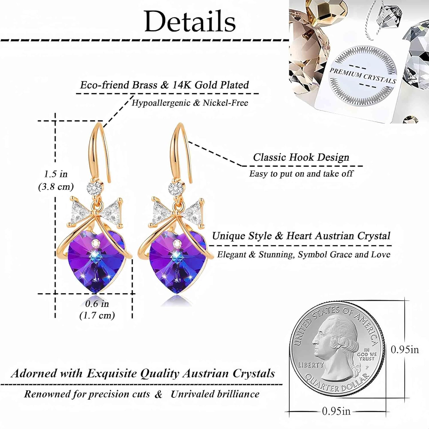 Austrian Crystal Bowknot Heart Drop Dangle Earrings for Women Fashion 14K Gold Plated Hypoallergenic Jewelry - Image 4