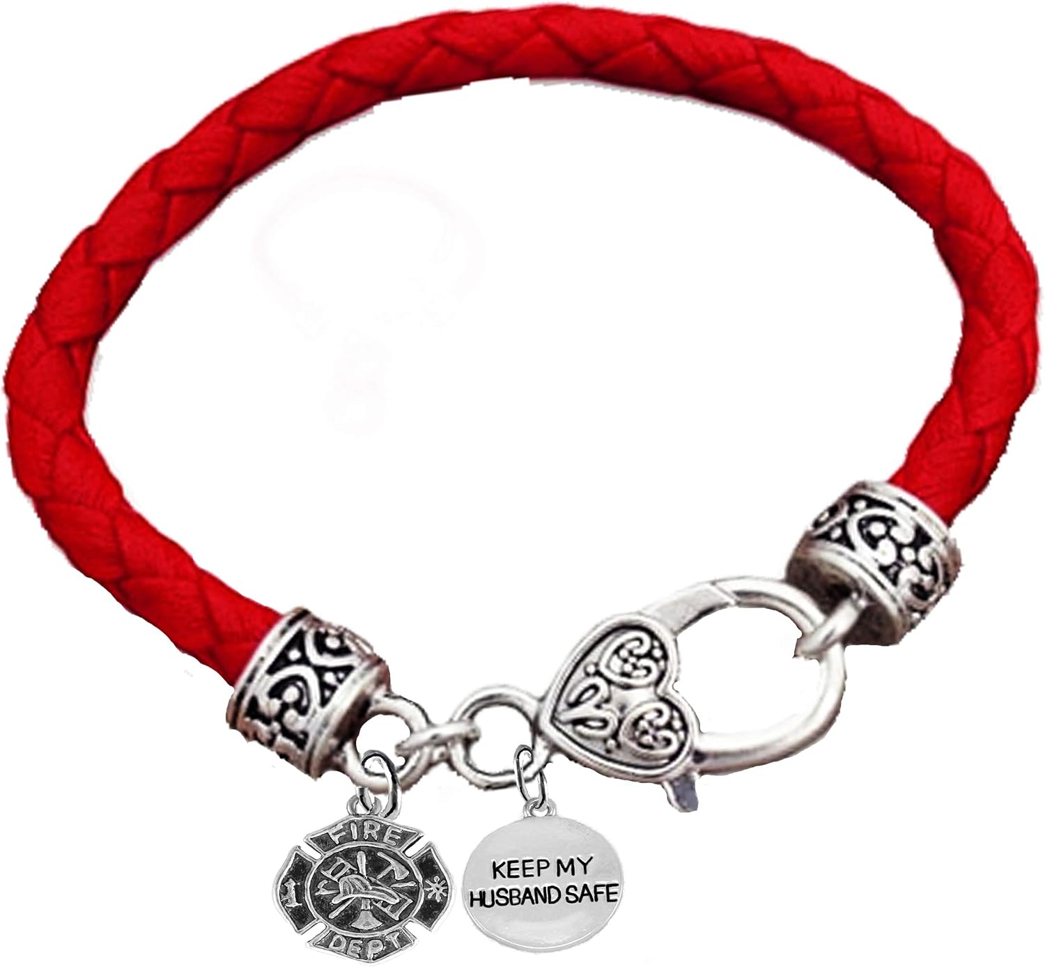 Cardinali Jewelry Firefighter, Fire Department, Keep My Husband Safe,On A Red Woven Leather Hypoallergenic Bracelet, Nickel, Lead, And Poisonous Cadmium Free