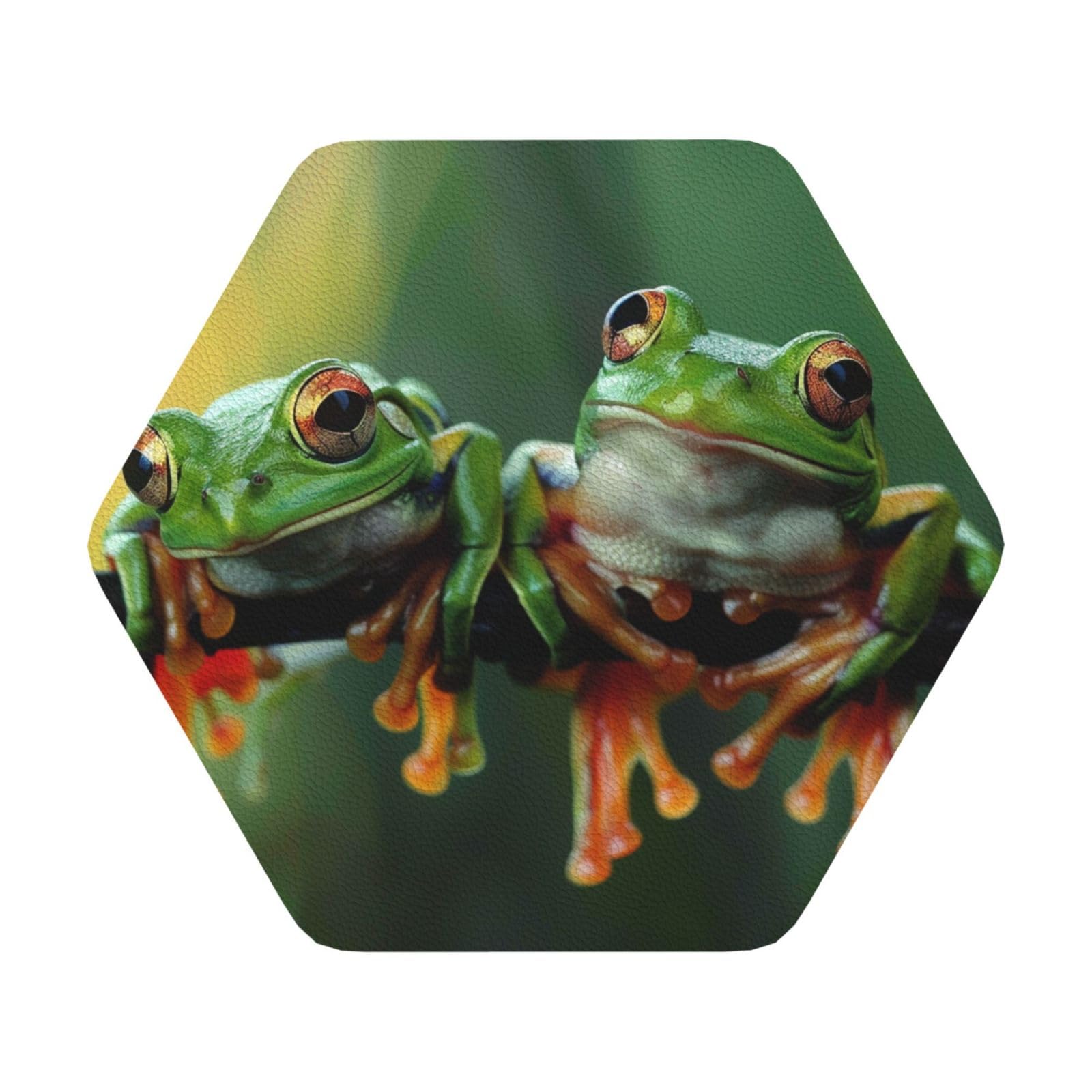 Funny Frogs Print Leather Coaster Set of 6, Hexagon Coasters Table Decorative Coffee Cup Beverage Coasters Wine Beer Bar Coasters for Hot Drinks Table Protection