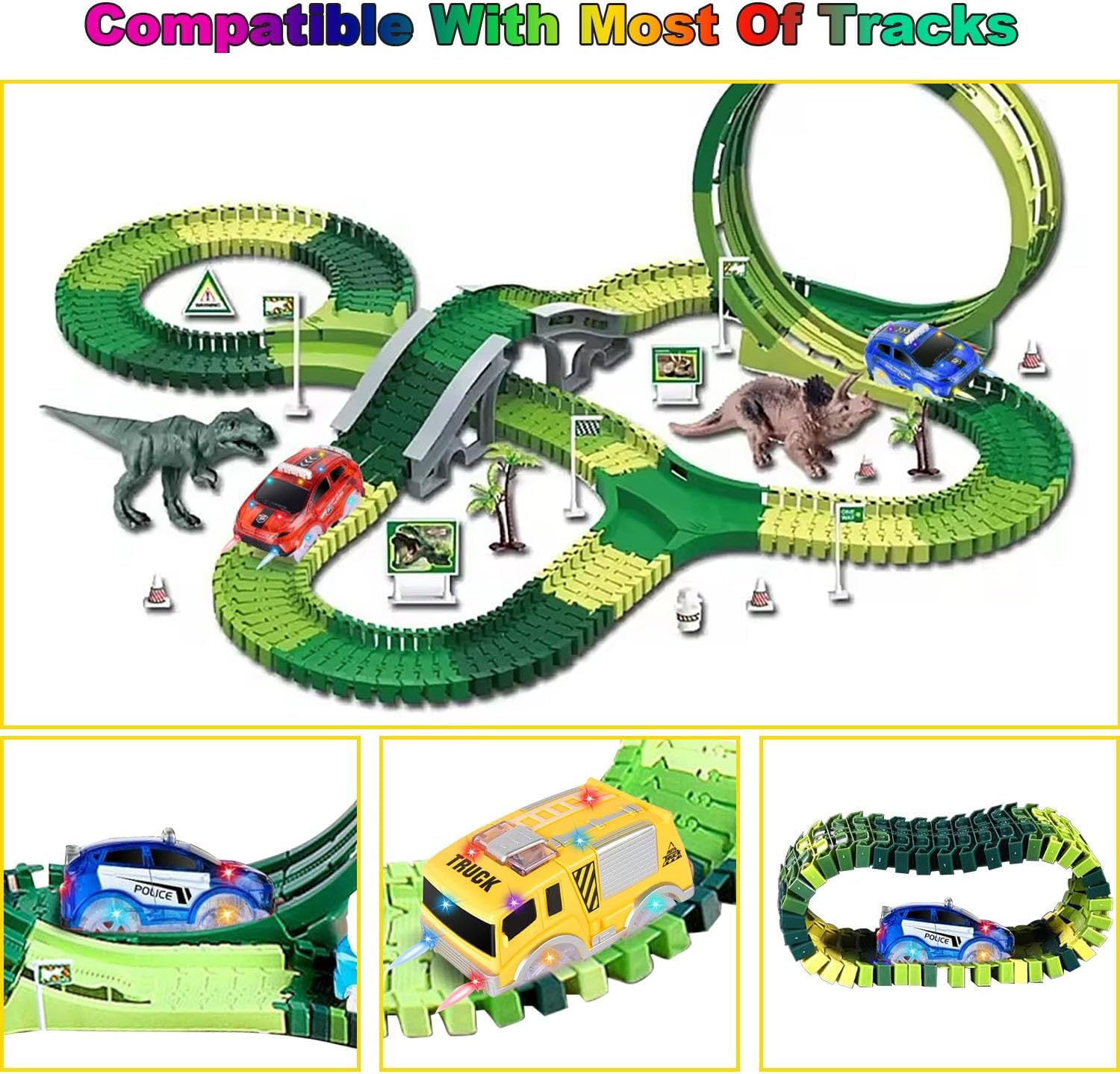 Track Cars Only Replacement Glow in The Dark with 5 Flashing LED Lights, Light Up Tracks Cars, Flex Race Car Compatible with Most Race Tracks for Kids (4pack) with Screwdriver