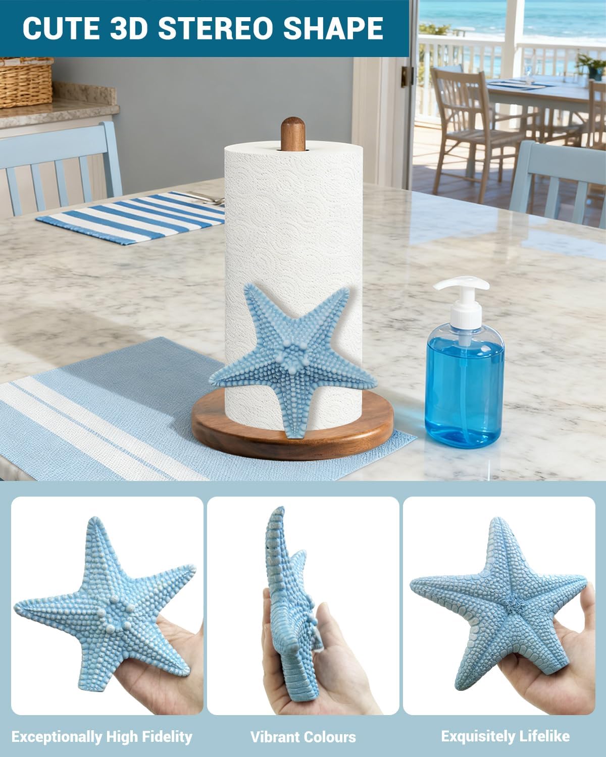 Starfish Paper Towel Holder - Coastal/Beach/Ocean Decor for Kitchen Bathroom Counter - Gifts for Women - 3D Cute Stuff Decorative Accessories