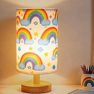 Rainbow Lamp for Girls Bedroom, 3 Colors Nightstand Light Lamp, Round Wood Base Flaxen Fabric Desk Lamp for Kids Room, Colorful Lamp Gift for Girls (LED Bulb Included) (Rainbow)