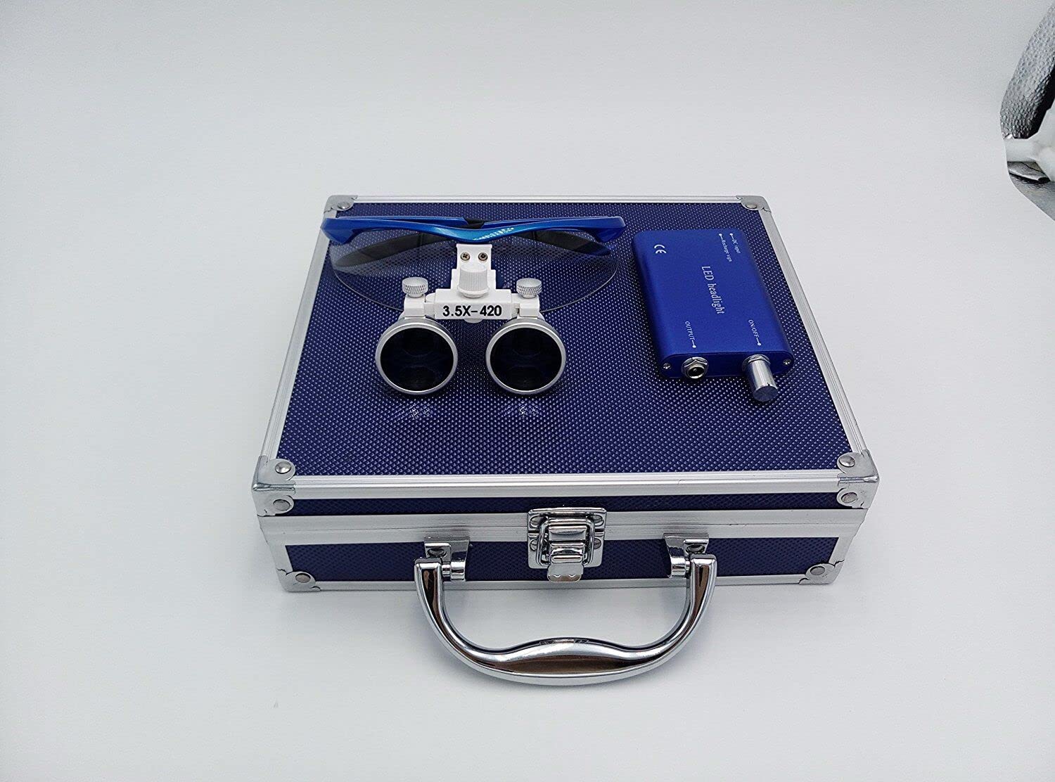 NSKR 3.5 x 420mm Working Distance Surgical Binocular Loupes Optical Glass with LED Head Light Lamp and Aluminum Box Blue