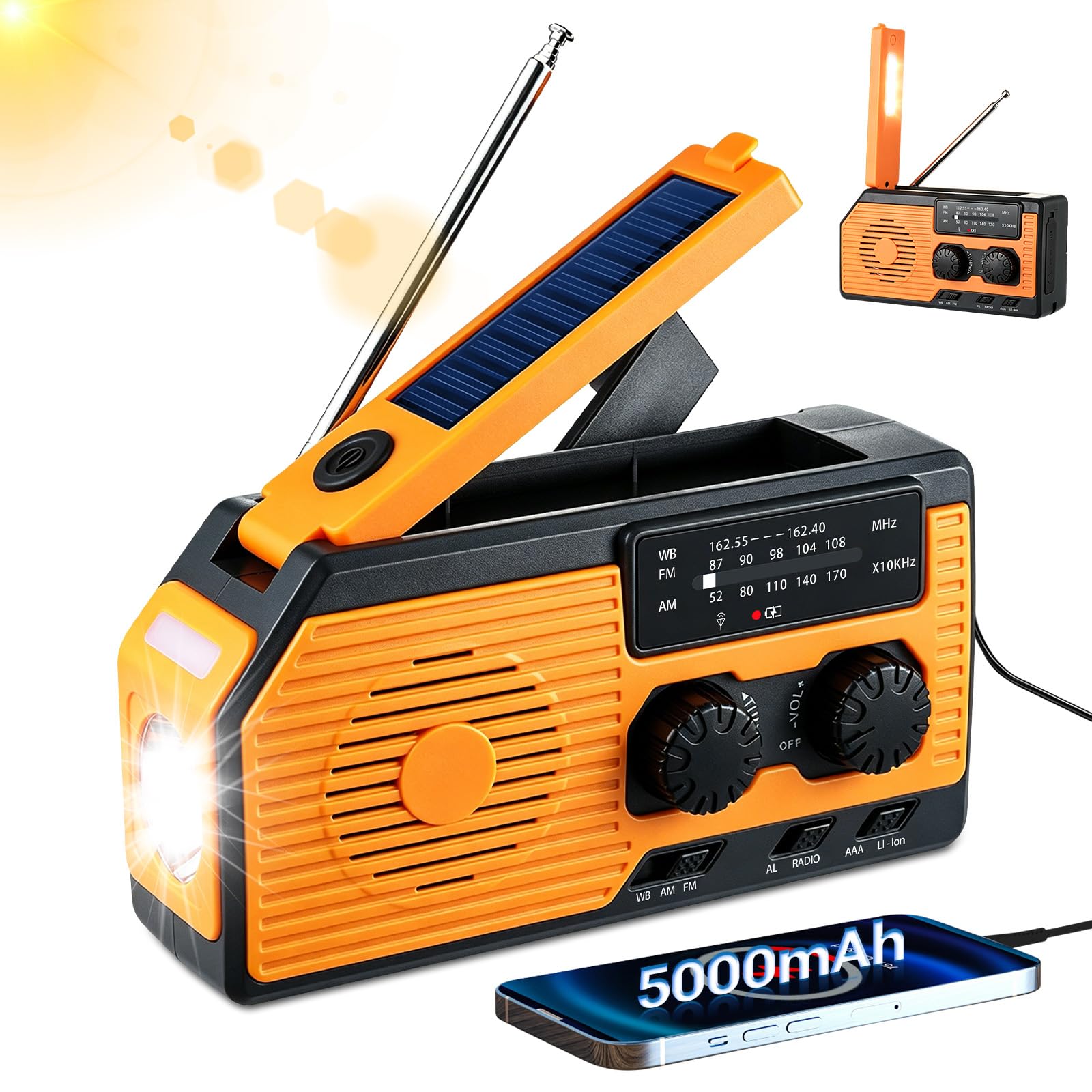 VHV Radio Manivela Solar Emergencia, Emergencia Portátil, Manivela Solar Am/FM/NOAA, Batería Power Bank 5000mAh, Radio de Supervivencia con Manivela, Linterna, Alarma SOS (Color)