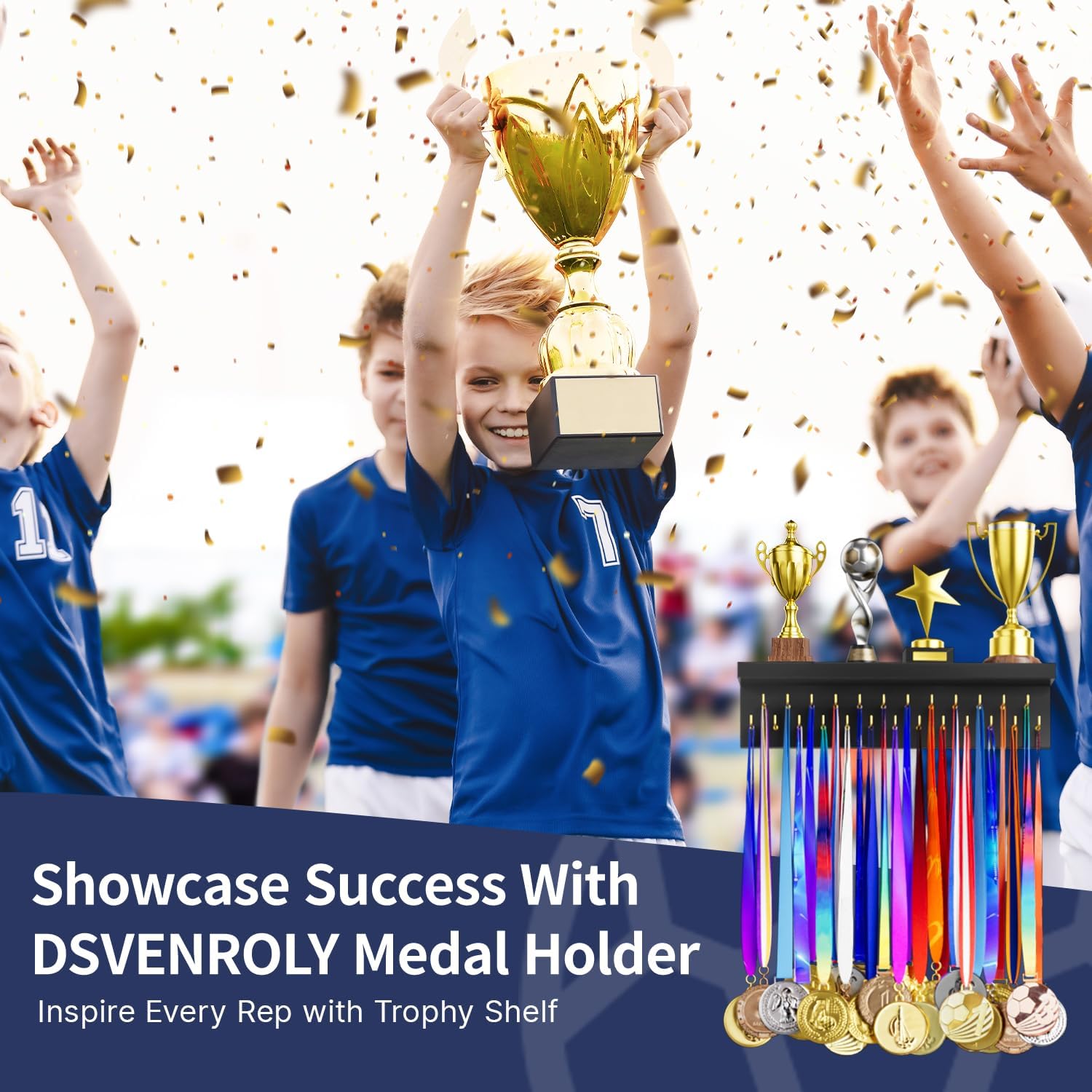 Medal Holder Display Trophy Shelf Organizer, Sturdy Wooden Race Award Hanger Rack with 25 Steel Hooks, Wall Mount Storage Stand for Sports Fans, Cheer Success