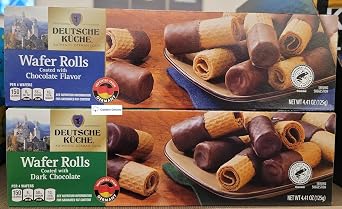 Deutsche Kuche Wafer Rolls Coated with Chocolate Flavor & Dark Chocolate 4.41oz 125g Two Boxes