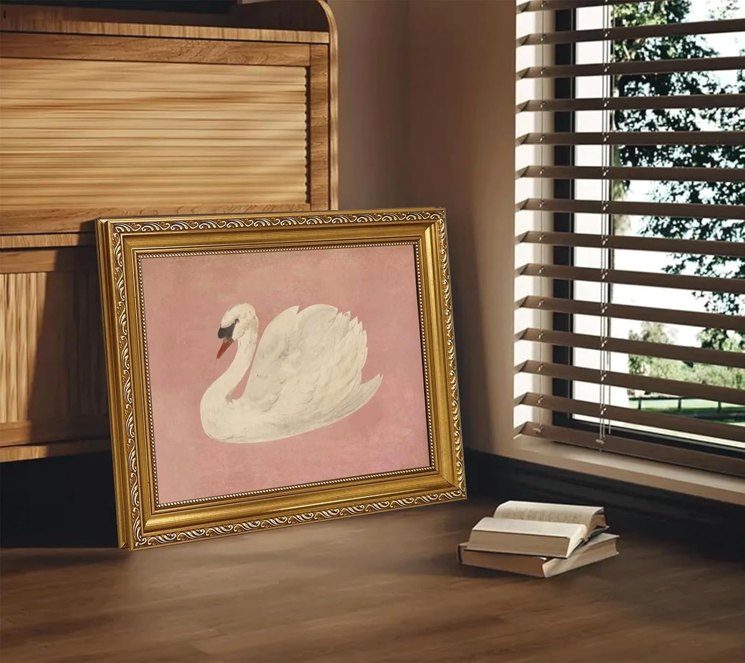Vintage Gold Framed Wall Art Classical Pink Swan Canvas Wall Decor Retro Animal picture Elegant Moody Goose Painting Rustic Farmhouse Pink Poster Prints for Bedroom Home Decoration 12x16in