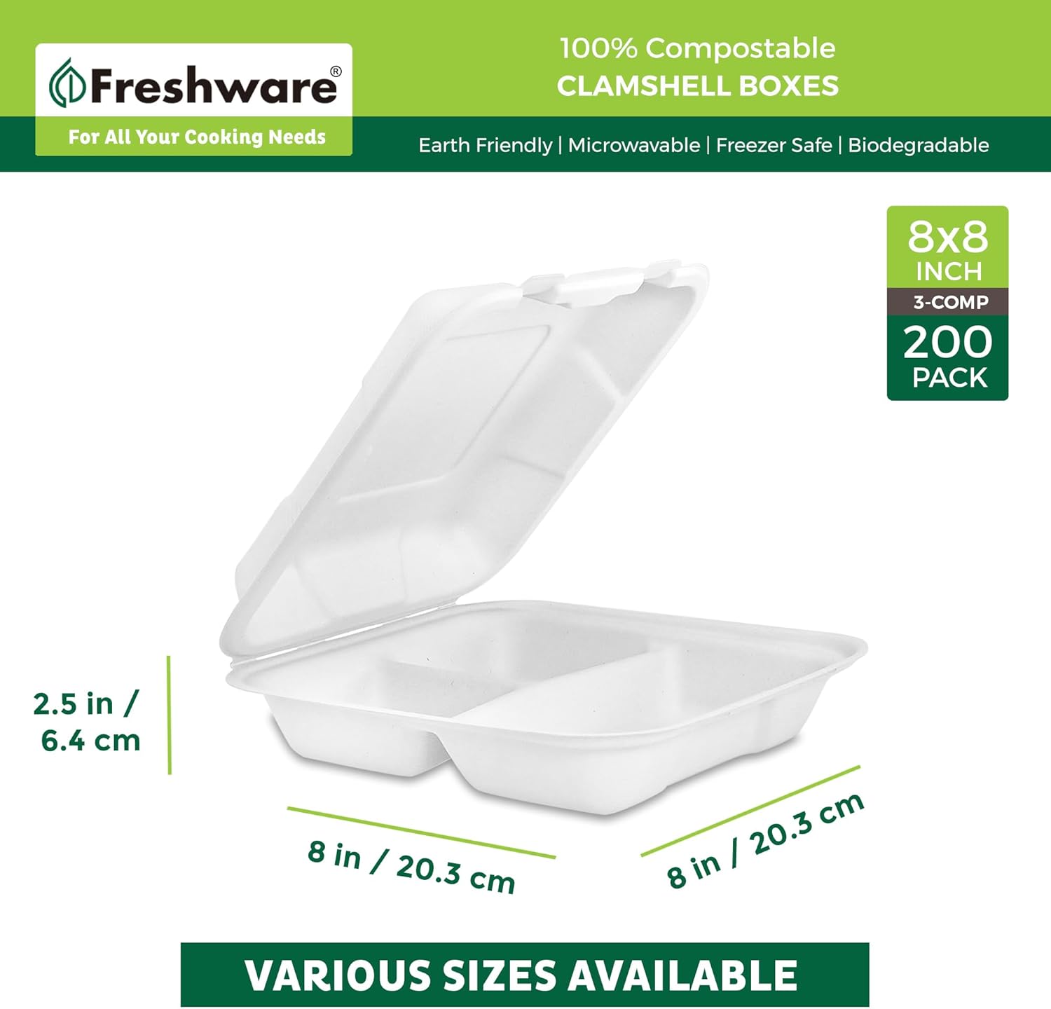 Freshware Compostable Clamshell Food Containers [8x8"] 3-Compartment 200-Pack, Disposable Containers, Biodegradable Sugarcane To Go Boxes - Paper Food Containers - Microwave & Freezer Safe, Stackable
