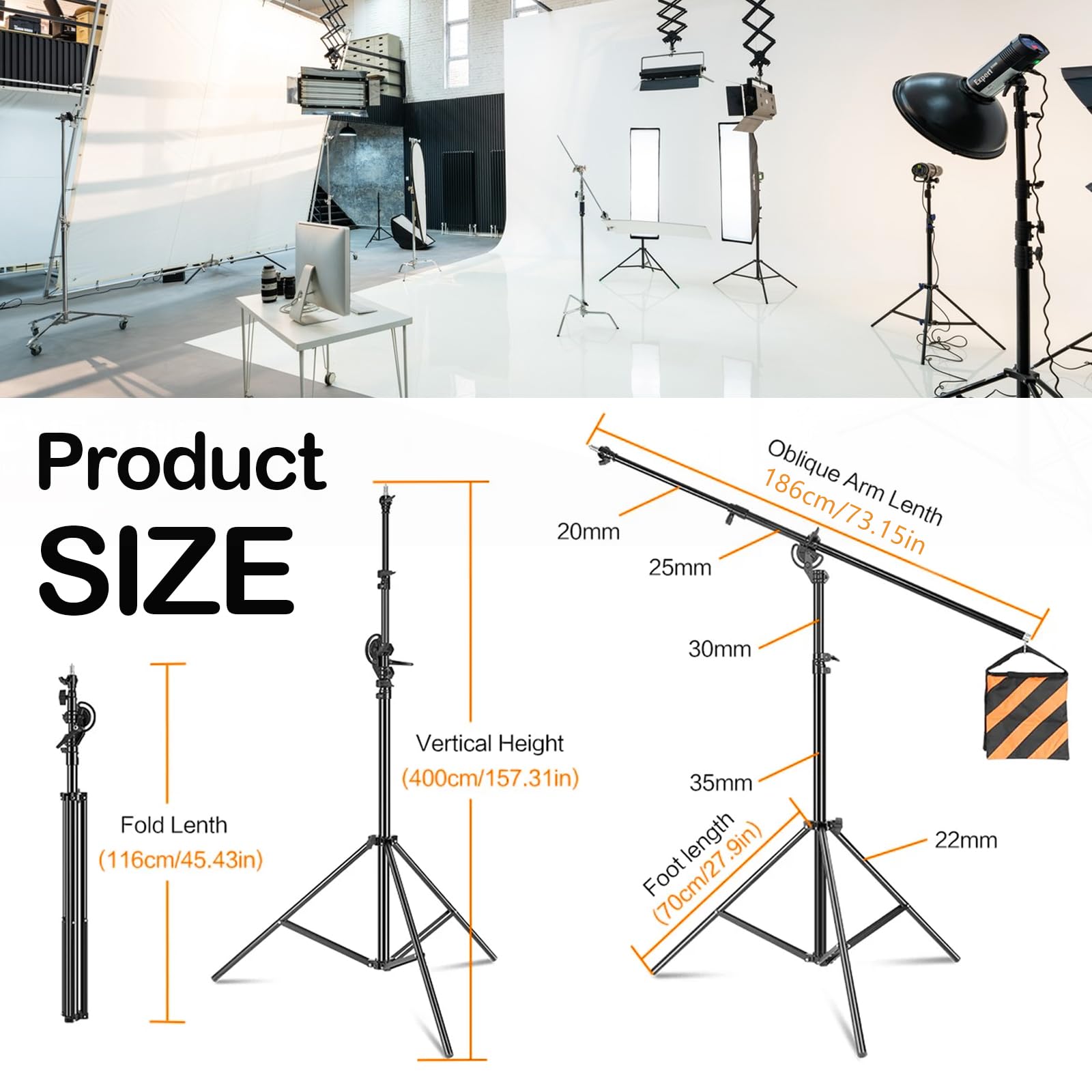 Stativo Fotografico 400cm, Treppiede Fotocamera Stativo Luci Fotografiche con 186cm Asta Telescopica Sacco di Sabbia Pesanti e vite da 1/4" per Softbox Monolight Riflettore