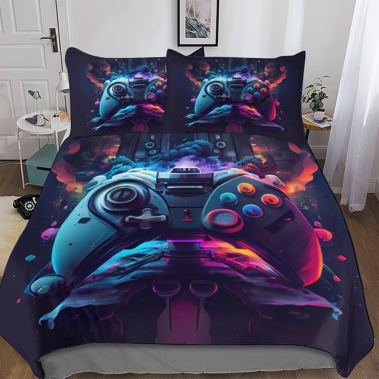 Gaming Neon Game Controllers Duvet Cover Set with Pillowcases Soft Quilt Covers Microfiber Bedding For Boys Girls And Teenagers Comforter Cover Single(135x200cm)