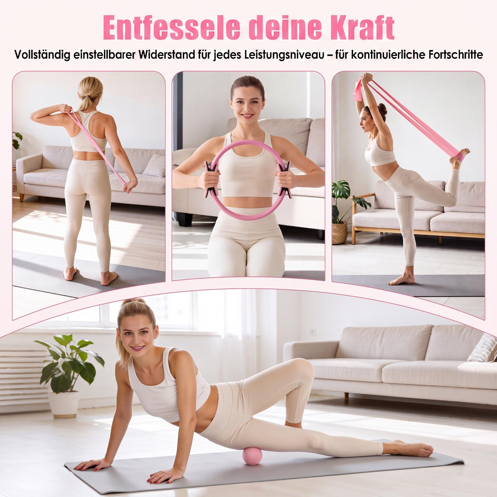 Pilates Set für Damen – Heimtrainings-Set mit Pilates Ring, Fitnessball, Widerstandsbänder mit Knöchelmanschetten, Anti-Rutsch Socken, Massageball – Pilates Zubehör für Yoga & Ganzkörper-Workout