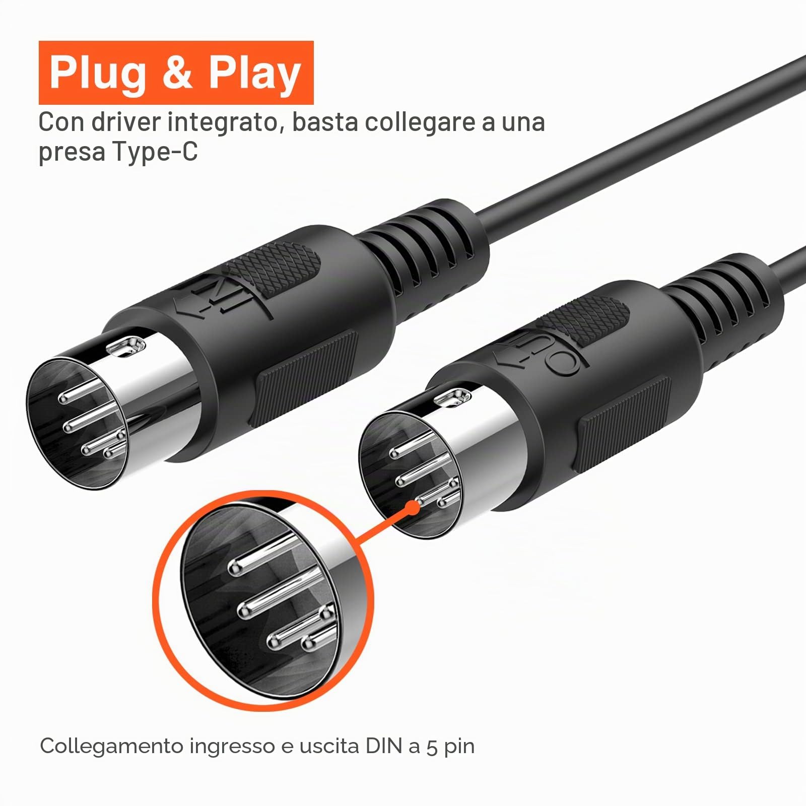 LEKATO Cavo MIDI Tipo C, Adattatore MIDI Tipo C a Interfaccia MIDI Convertitore Ingresso-Uscita MIDI da 6,5 Piedi Tastiera per PC/Mac/Laptop per Strumenti MIDI