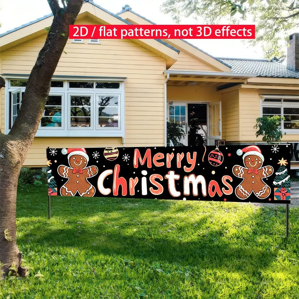 Christmas Long Banner 79x18 Inch Merry Christmas Gingerbread Man and Tree Design with Gift Boxes and Ornaments Festive Holiday Long Banner for Wall Door Outdoor Party Decorations 02