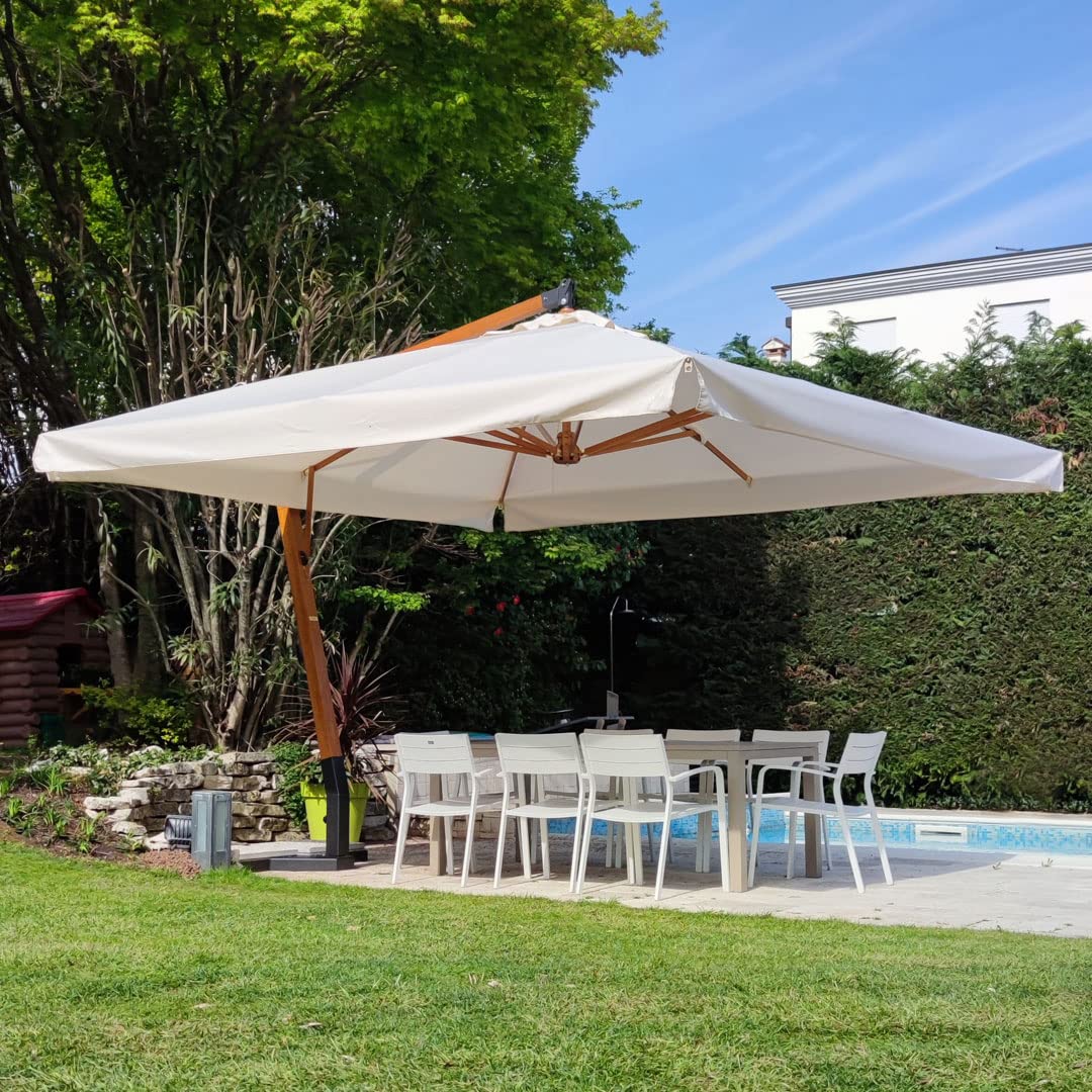Danieli - Ombrellone da Giardino Decentrato in Legno 4x4mt - Telo Quadrato Ecru Idrorepellente con Balza - Ombrellone con Camino Antivento