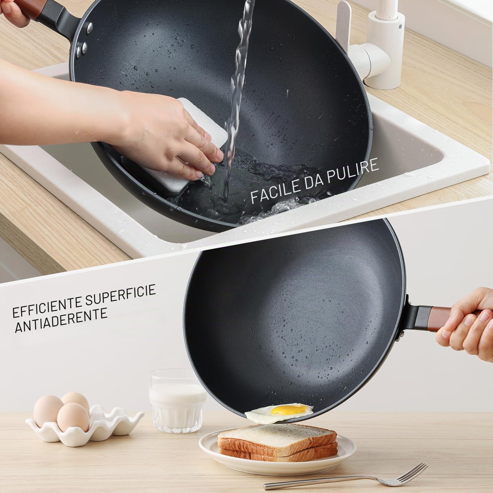 Kordisen Wok Antiaderente 33 cm/5,6 L con Coperchio, Senza Rivestimento Chimico, Wok Pre-stagionato, Adatto a Induzione/Elettrico/Gas