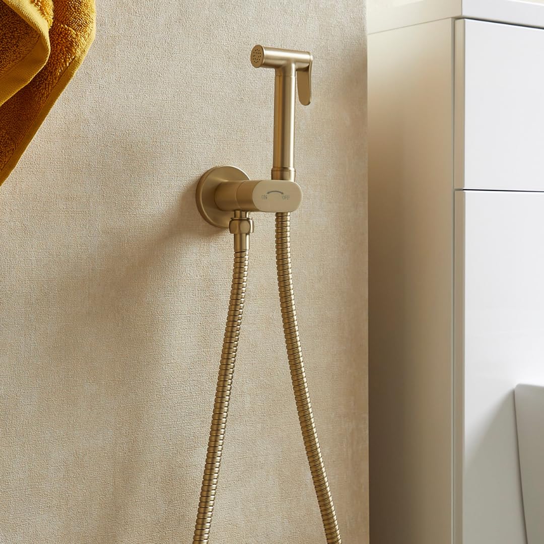 Excel Home Brushed Brass Round Bidet Douche Kit - Cold Only - With Shut-Off Valve & Hose – Heavy Duty Premium Brass Bidet Spray, 1.5M Hose & Built In Isolator