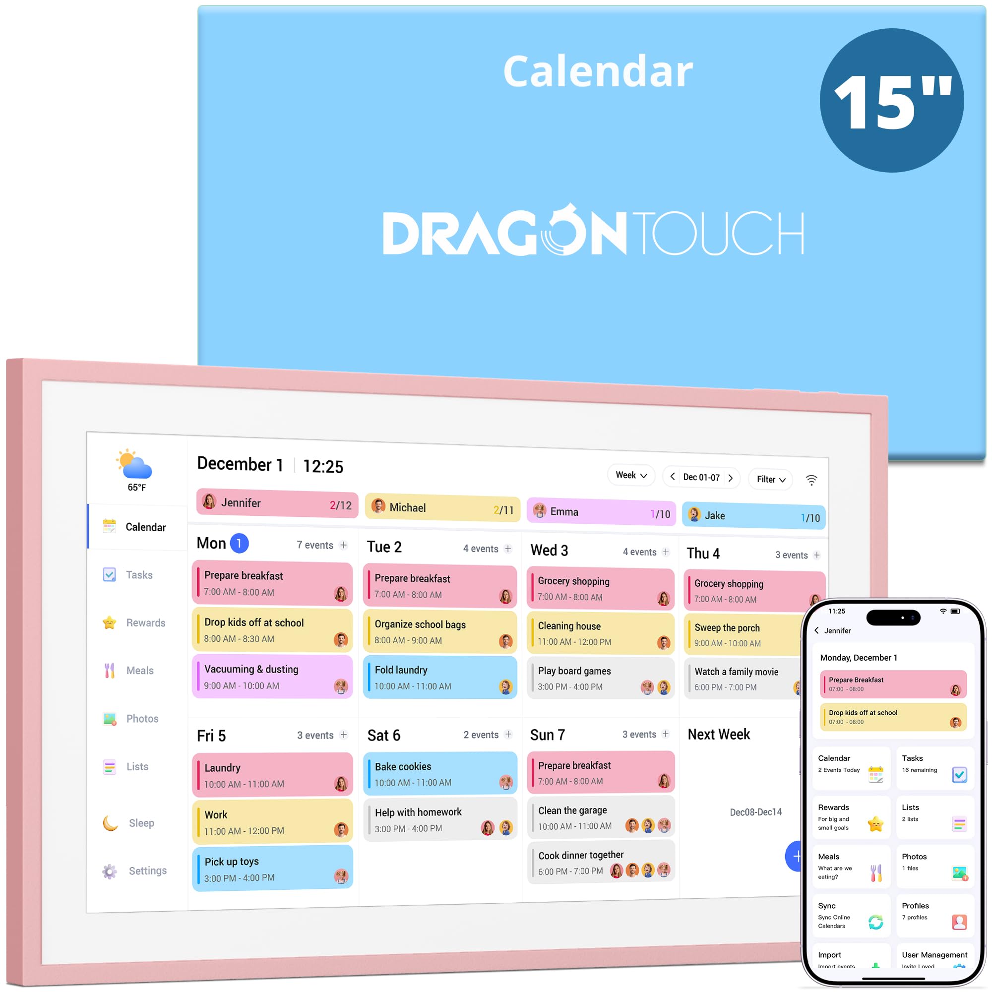 Dragon Touch 15.6 inch Digital Calendar &amp; Chore Chart - Interactive Touchscreen Smart Family Planner,Digital Picture Frame for Mom, Women, Christmas &amp; Weddings Pink