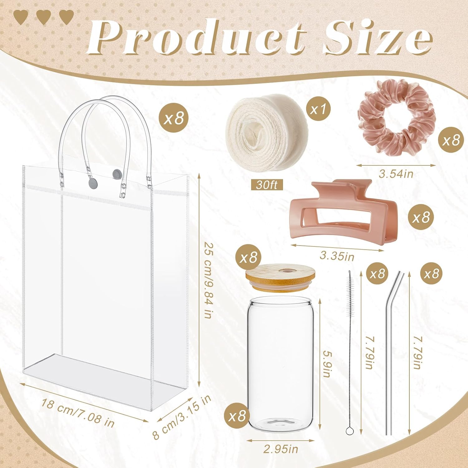 SiliFine 33 Pcs/8 Set Birthday Gifts for Girls, Light Tan Birthday Gifts for Girls Party Supplies, 8 Glass Cups, 8 Hair Bands, 8 Hair Clip, 8 Tote Bags, 1 Ribbon for Women Spa Sleepover Slumber Party image 2
