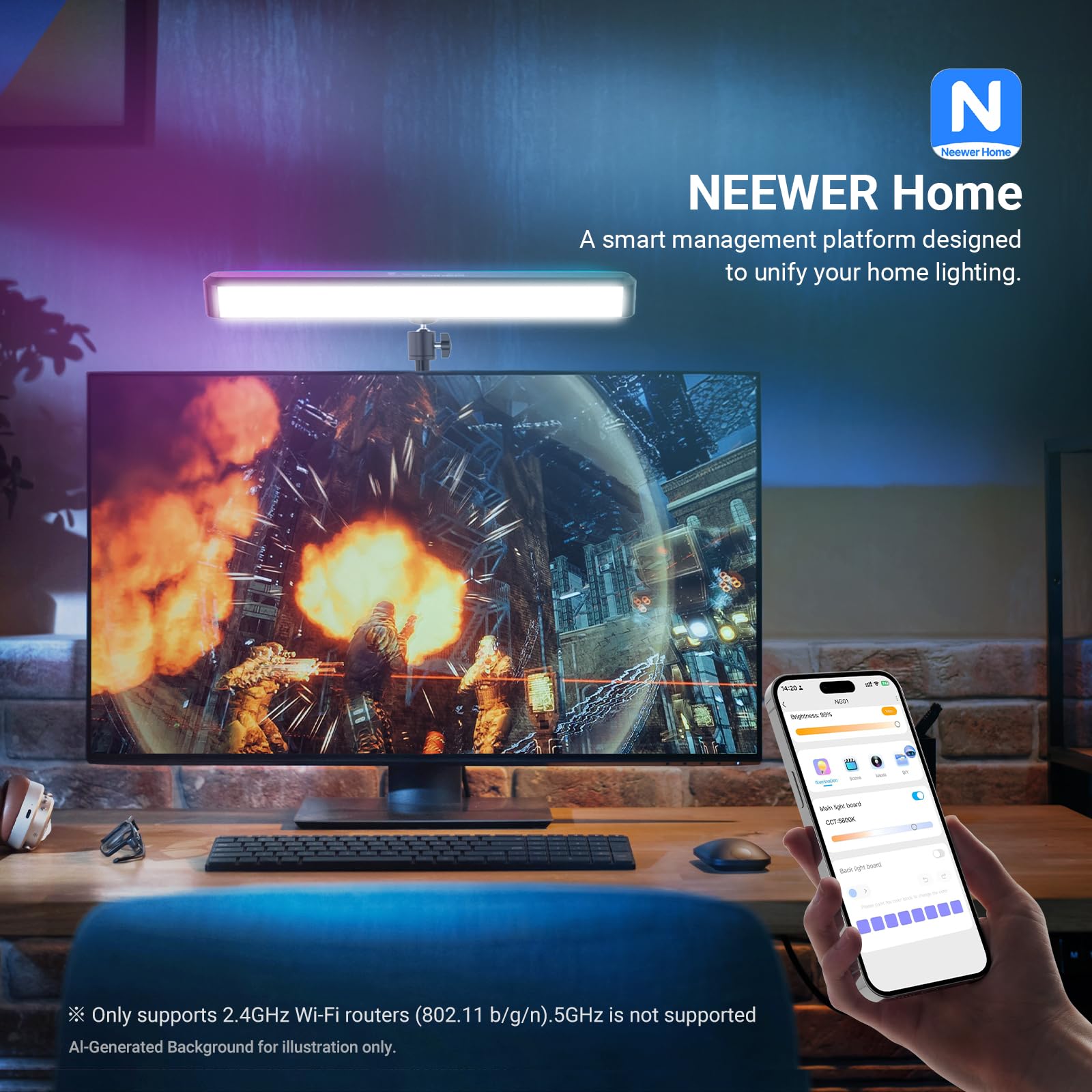 NEEWER Luce a LED RGB a doppia faccia, lampada da scrivania intelligente compatibile con Alexa Google Assistant per videoconferenze di gioco, 16 milioni di colori, 2700K-7000K/CRI97+ Illuminazione